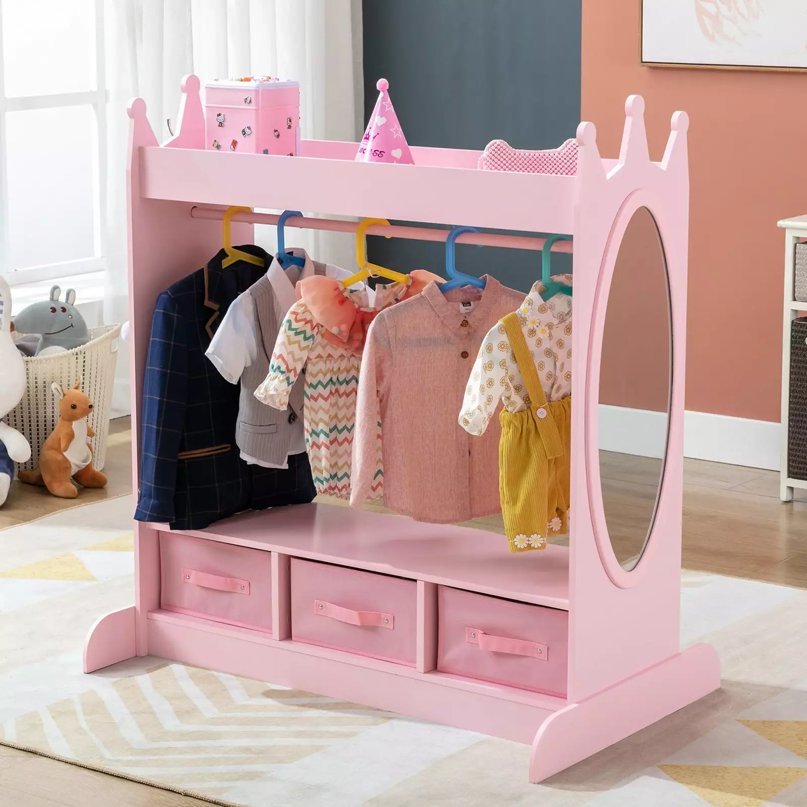 Dress Up Storage Kids Girls Armoire Closet Mirror - Pink Wardrobe Side Pocket Joyldias