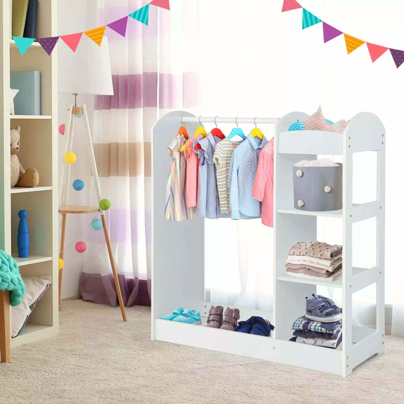 FONIRRA Kids Dress Up Storage Hanging Armoire Mirror and Shelves Clothing Organizer White Vicamelia