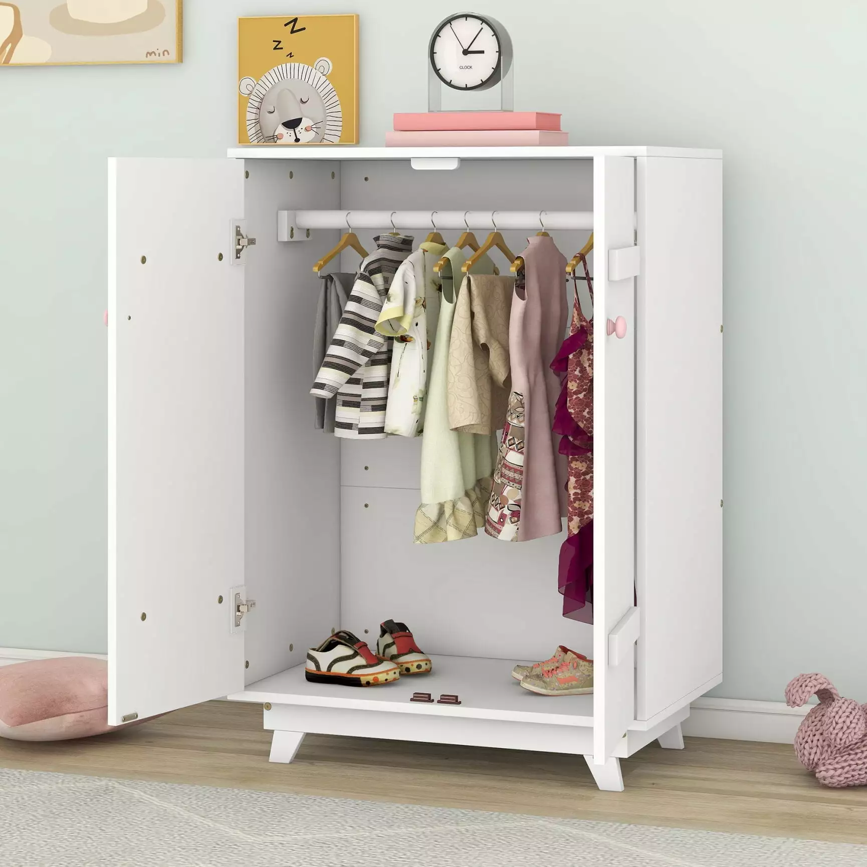 Wooden Kids Wardrobe Cabinet Modern Cute Storage Armoire Hanging Rod and Doors White Dress Up Armoire Bedroom Playroom voq...