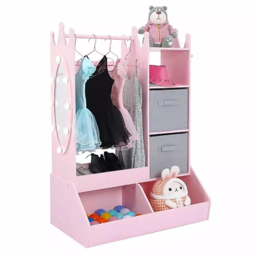 Zzistar Kids Dress Up Storage Rack Mirror Light and 2 Fabric Drawers Clothing Armoire