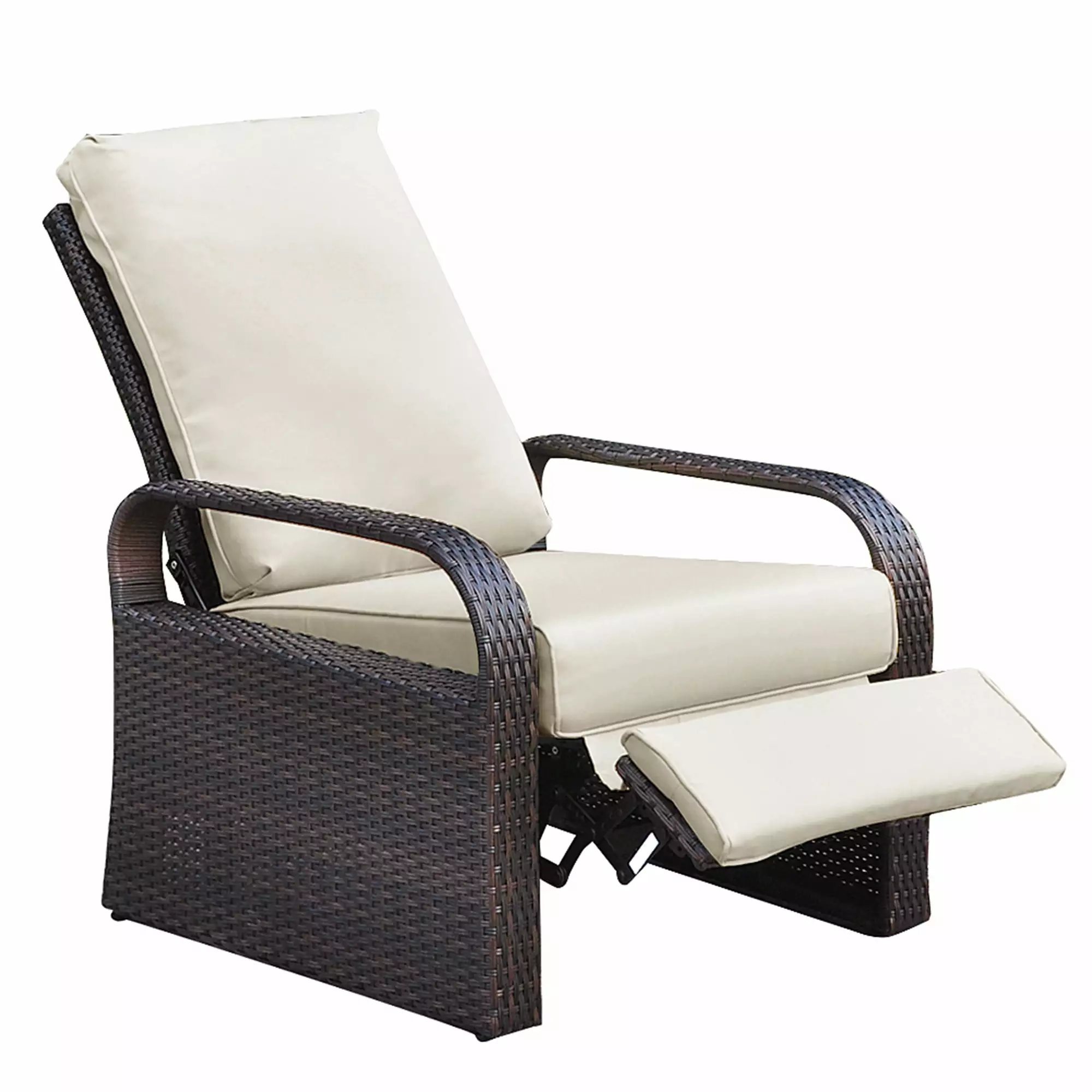 Homiyad Outdoor Recliner Brown Wicker Beige Cushion - All Weather Aluminum Frame Lounge Chair