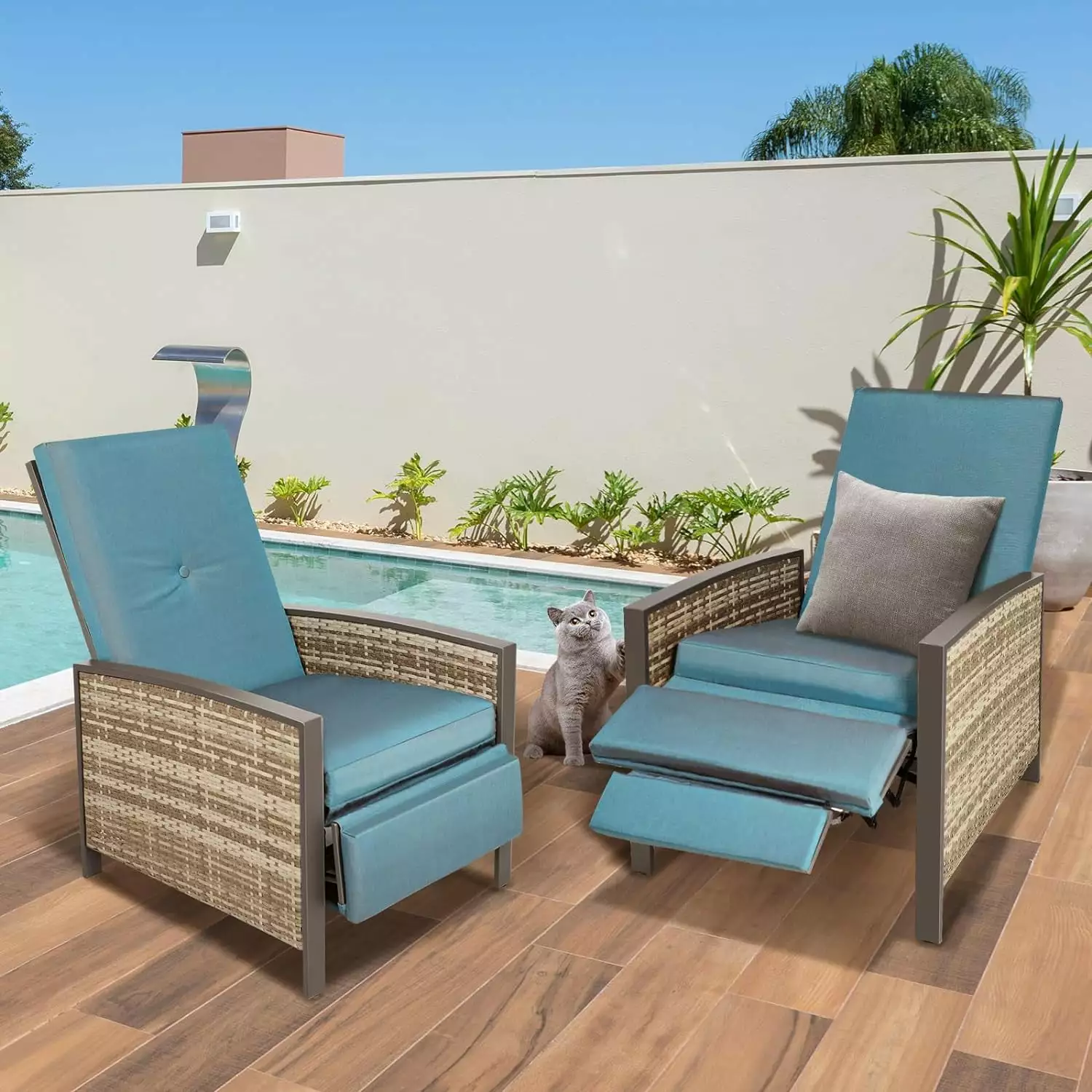 SUNCROWN Outdoor Indoor 2-Piece Recliner Chair Patio Adjustable All-Weather Wicker Thick Cushion Blue