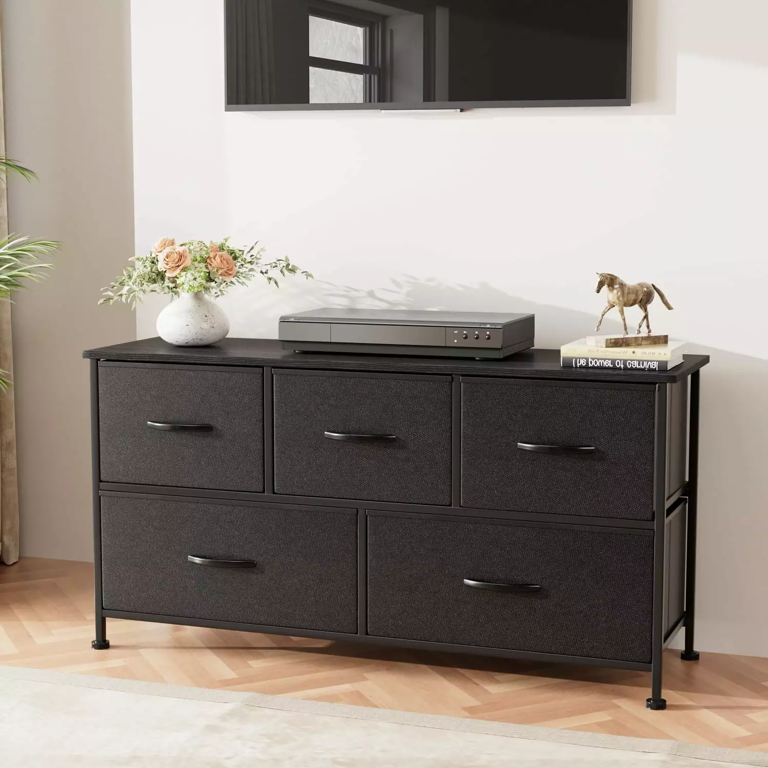 Homall 5 Drawer Fabric Dresser Wide Chest Drawers Nightstand Wood Top