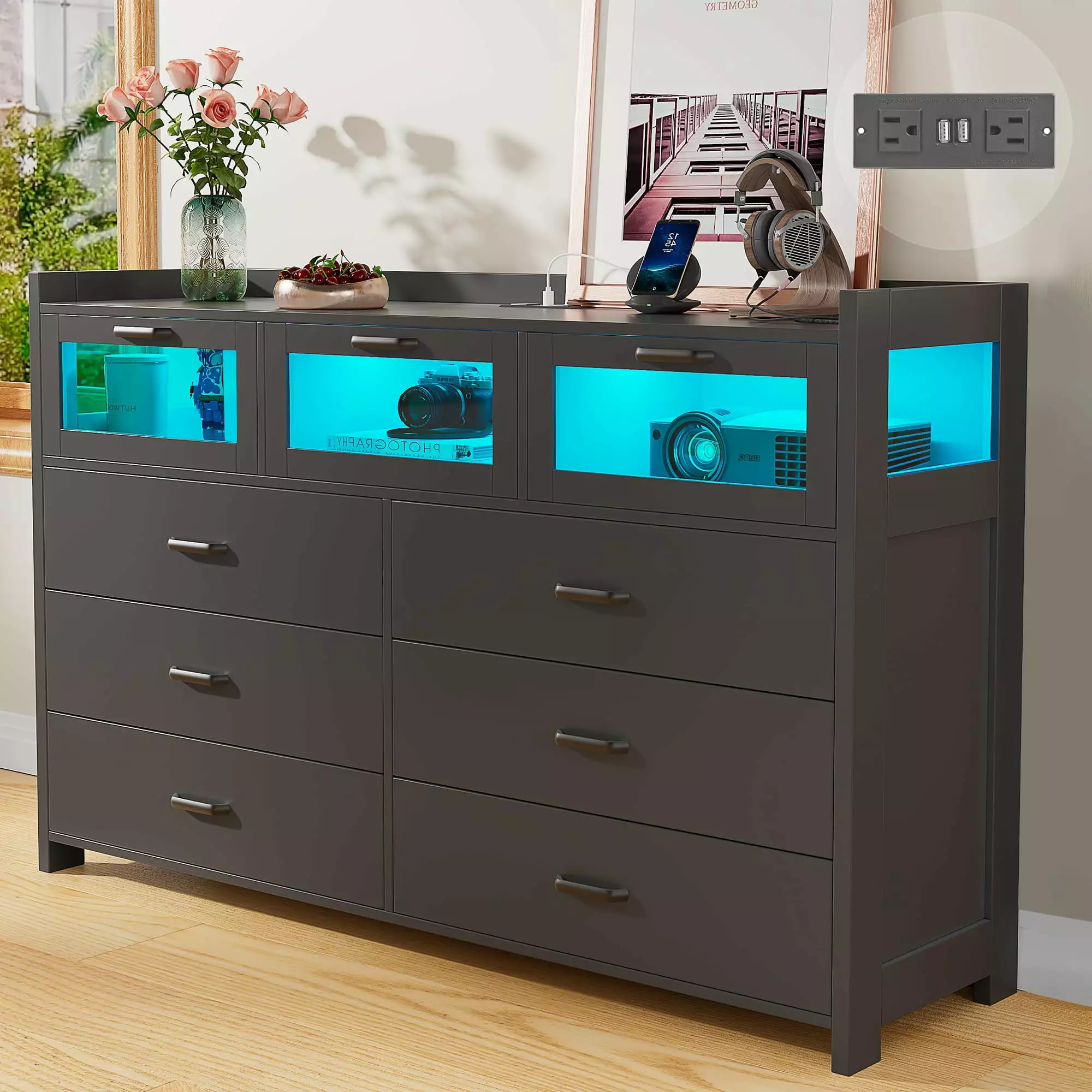 Alohappy Double Wide Dresser 6 Drawer Charging Station and LED Lights Black