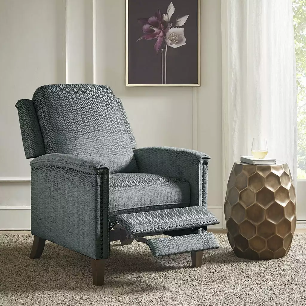 Blue Upholstered Wingback Recliner Chair Adjustable Backrest and Footrest Nailhead Trim Accent Chair Living Room ARCTICSCO...