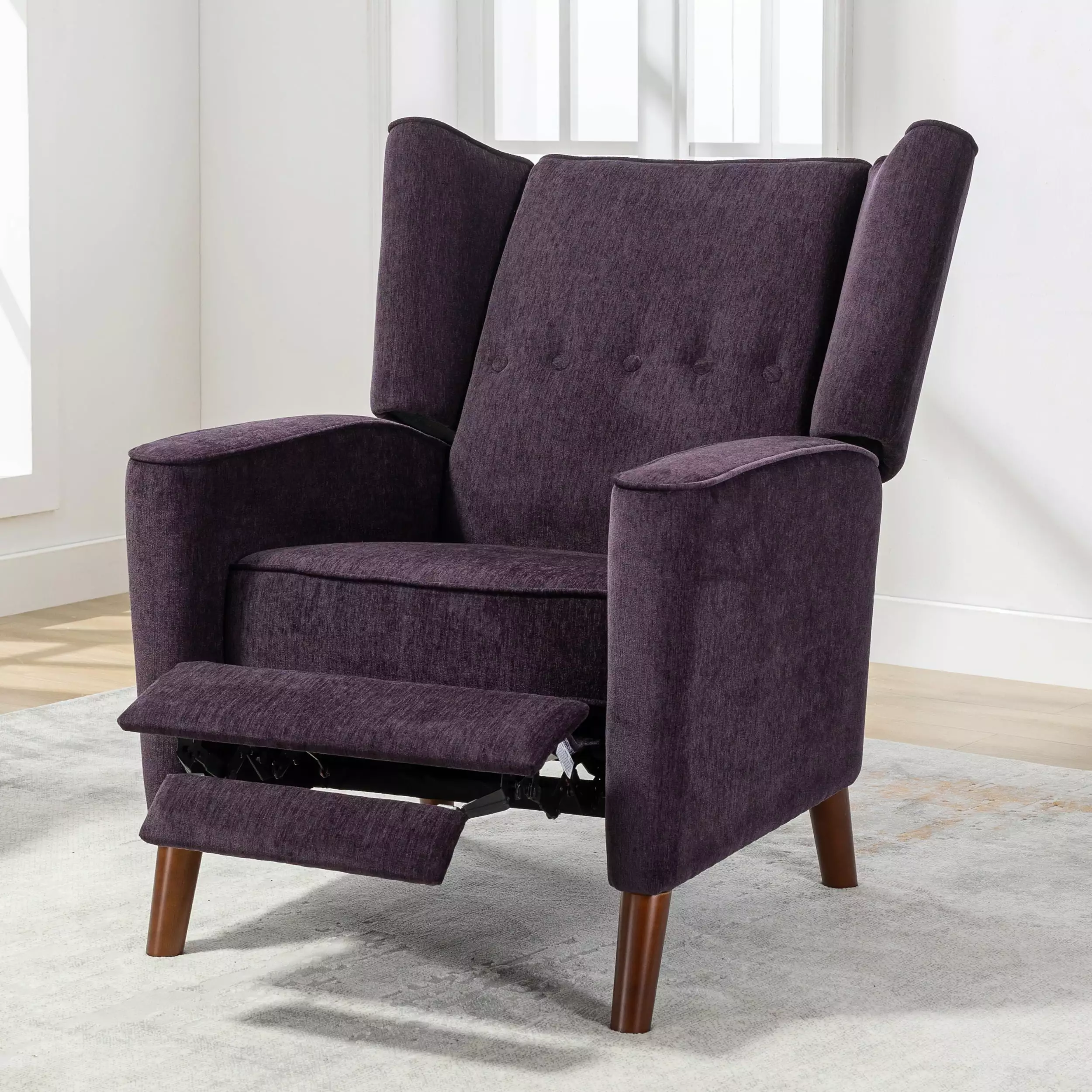 DeeHome Mid Century Chenille Wingback Recliner Chair Button Tufted Design and Solid Wood Legs - Purple