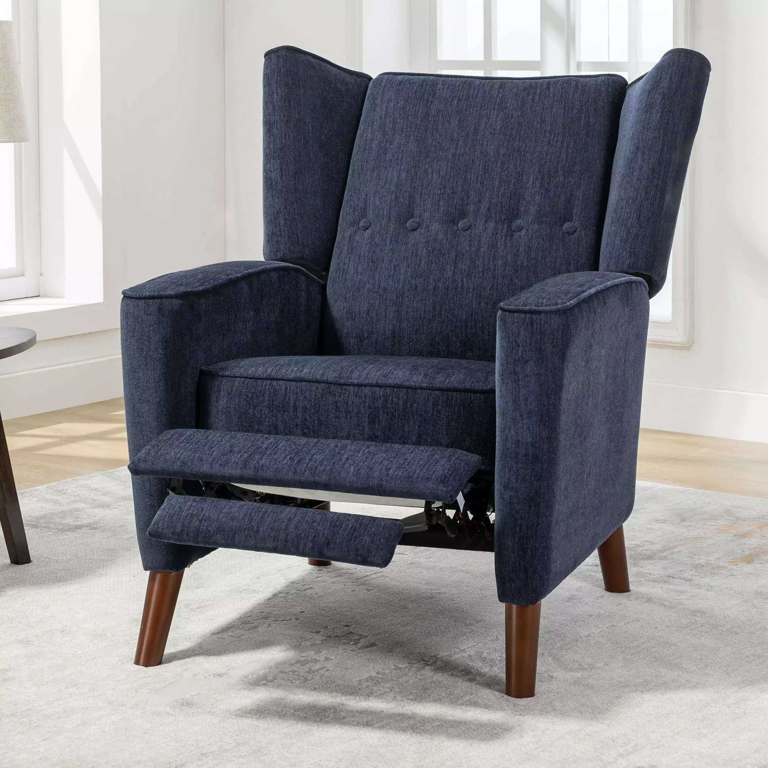 DeeHome Mid Century Chenille Wingback Recliner Chair Button Tufted Design and Solid Wood Legs - Navy Blue