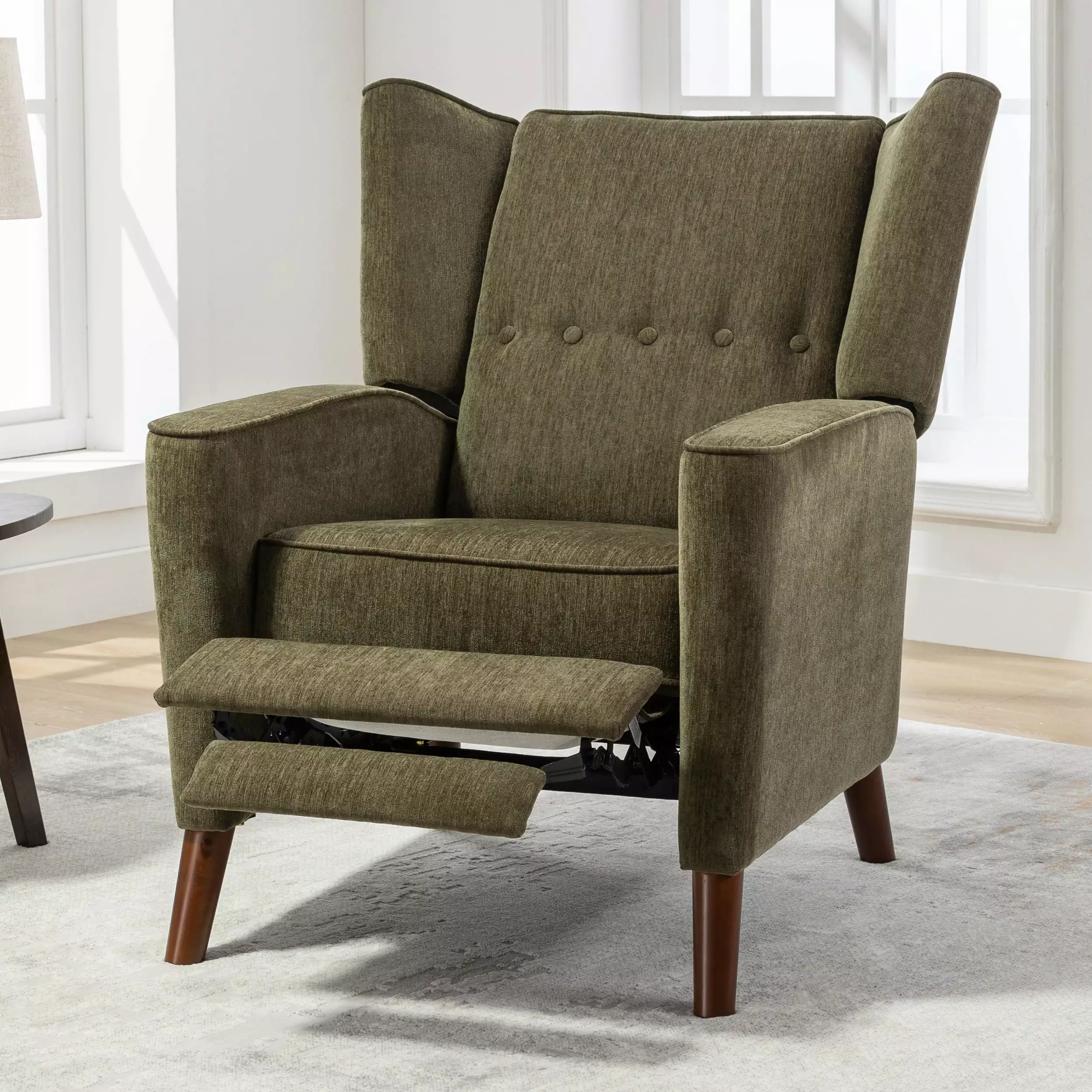 DeeHome Mid Century Chenille Wingback Recliner Chair Button Tufted Design and Solid Wood Legs - Green