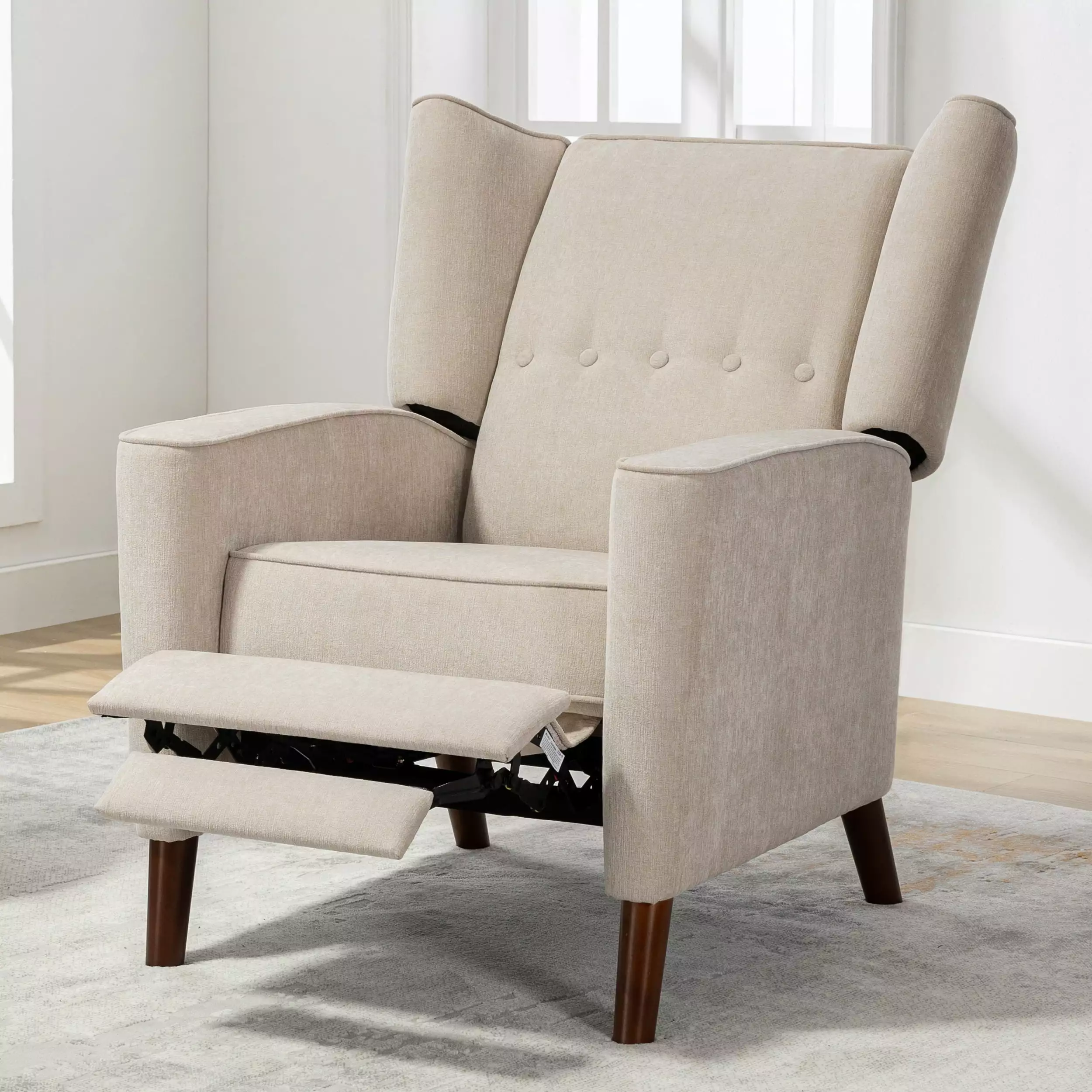 DeeHome Mid Century Chenille Wingback Recliner Chair Button Tufted Design and Solid Wood Legs - Tan