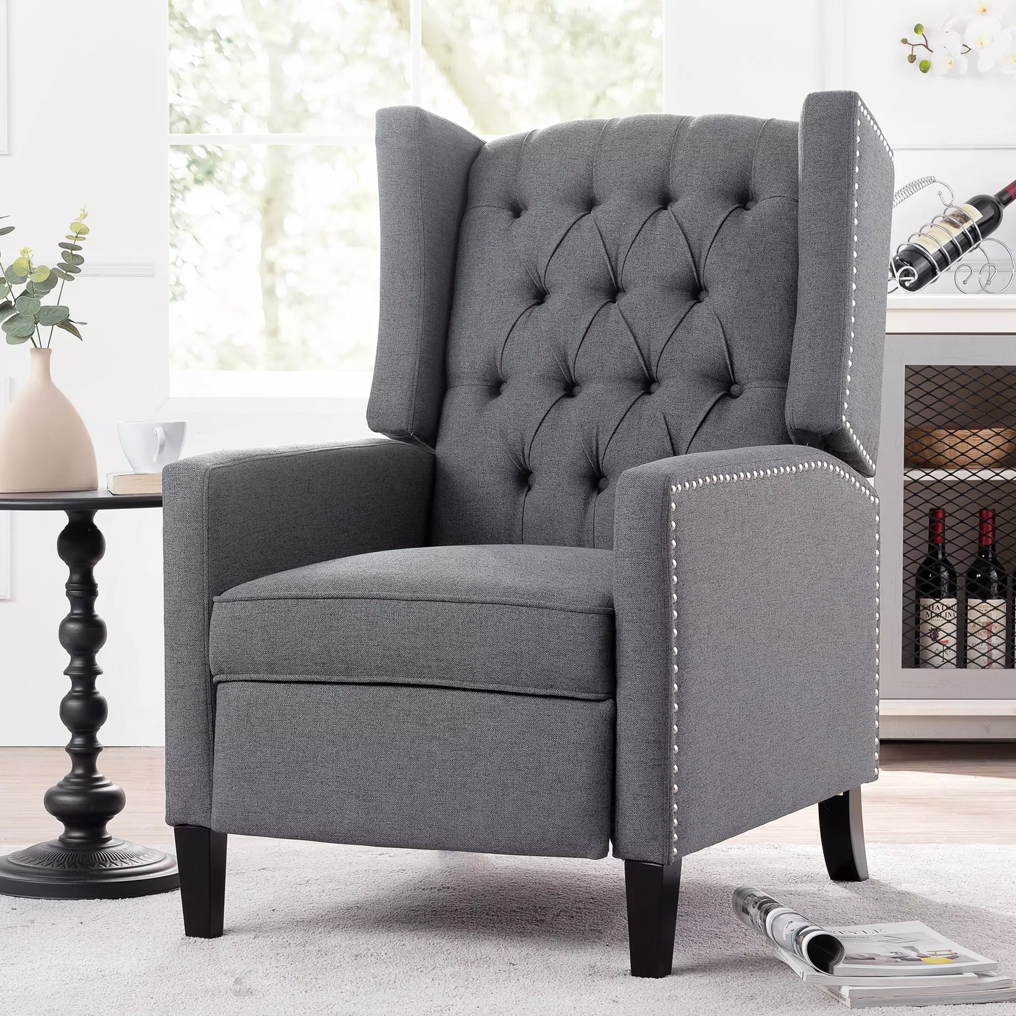 GIA Design Group Wingback Manual Recliner Chair Gray Living Room or Bedroom