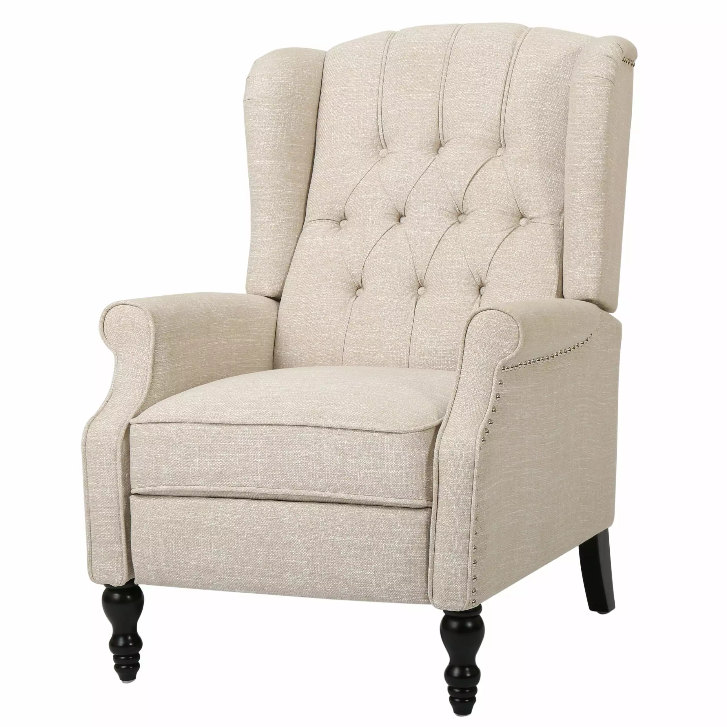 Noble House Bruce Standard Tufted Beige Fabric Wingback Recliner Living Room