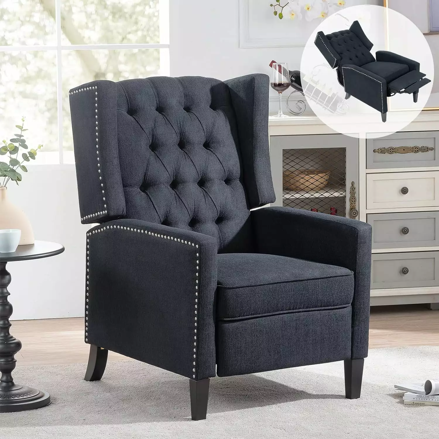 B Recliner Wingback Chair Upholstered Tufted Armchair Modern Lounge Recliners Small Spaces Black Yatoro