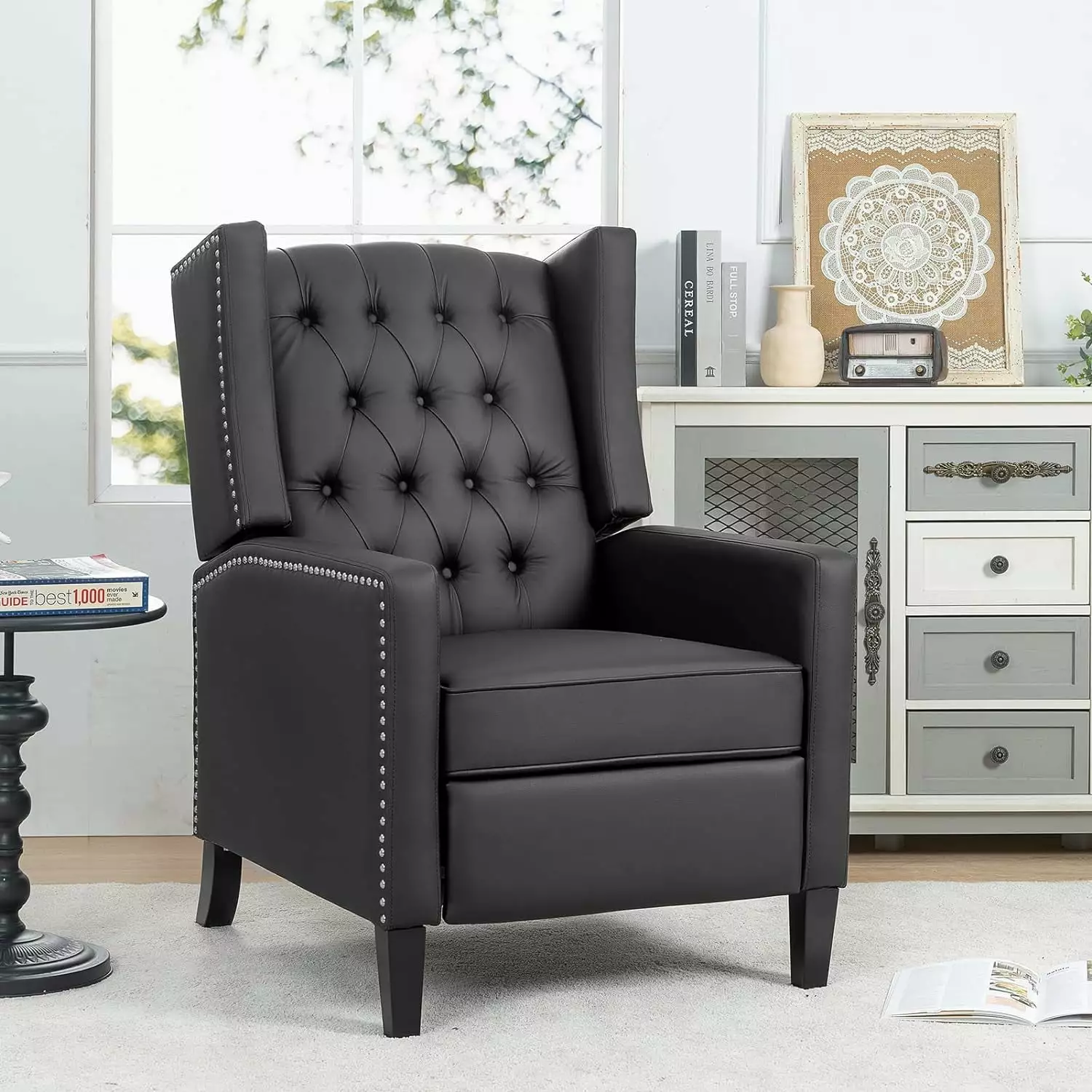 B Recliner Wingback Chair Upholstered Tufted Armchair Modern Lounge Recliners Small Spaces Black PU Yatoro