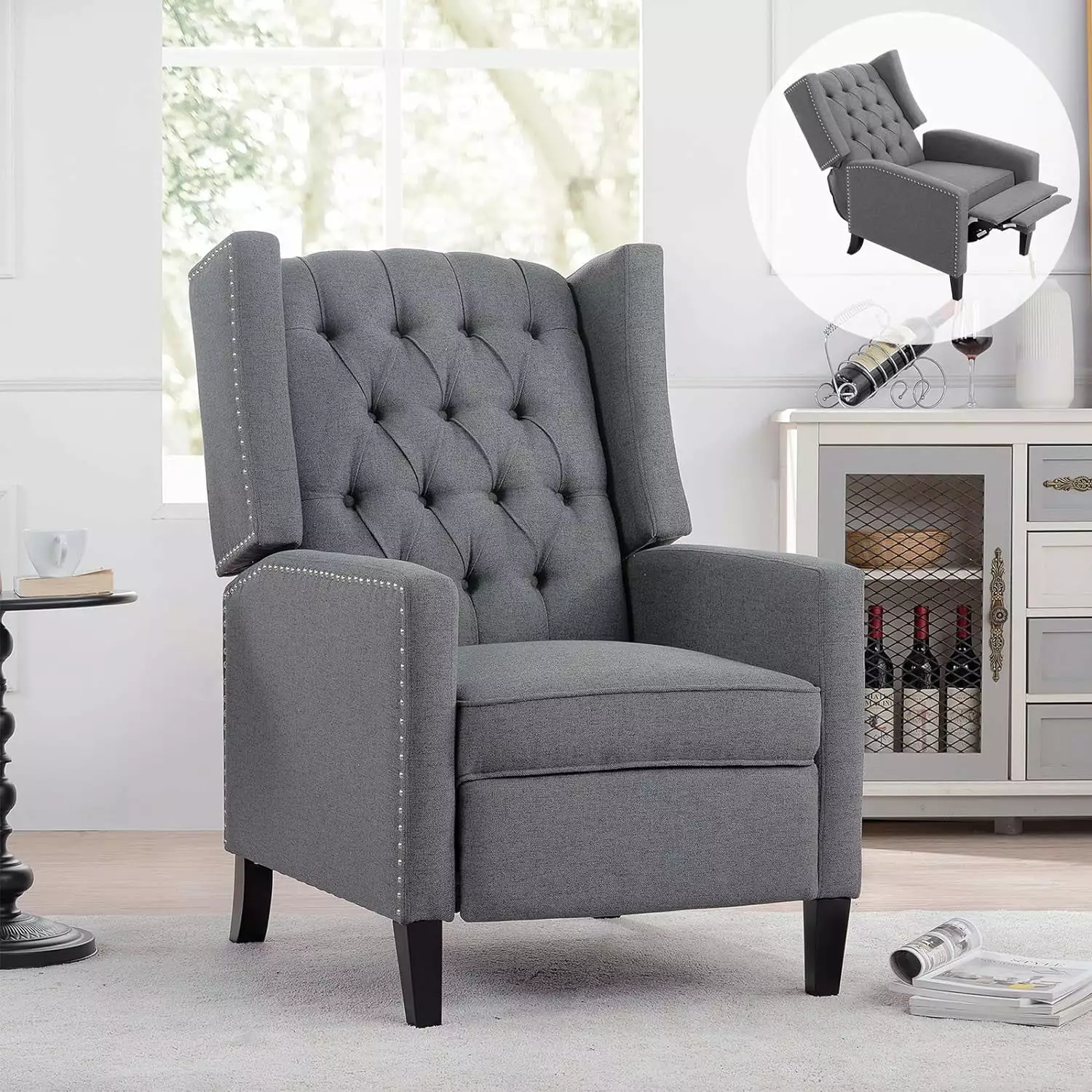 B Recliner Wingback Chair Upholstered Tufted Armchair Modern Lounge Recliners Small Spaces Gray Yatoro