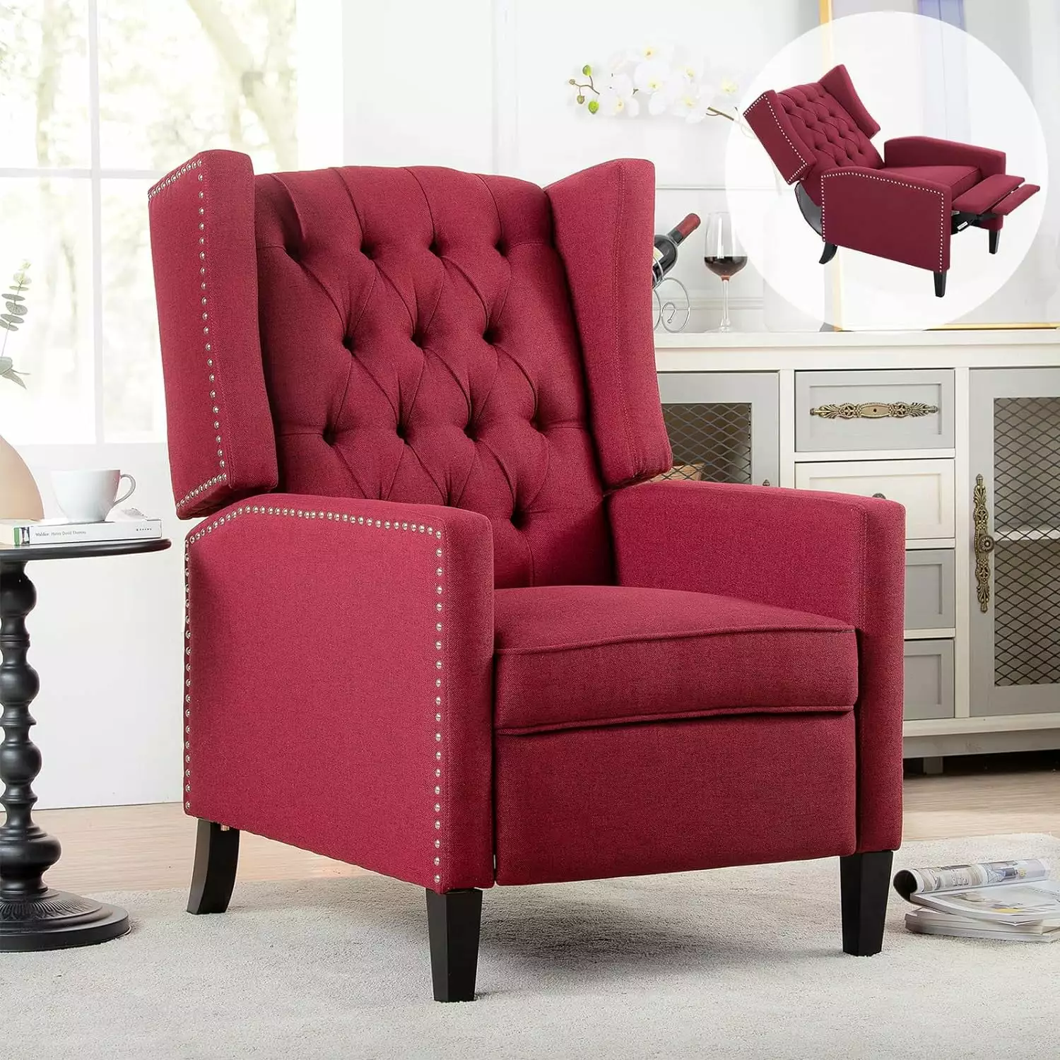 B Recliner Wingback Chair Upholstered Tufted Armchair Modern Lounge Recliners Small Spaces Red Yatoro