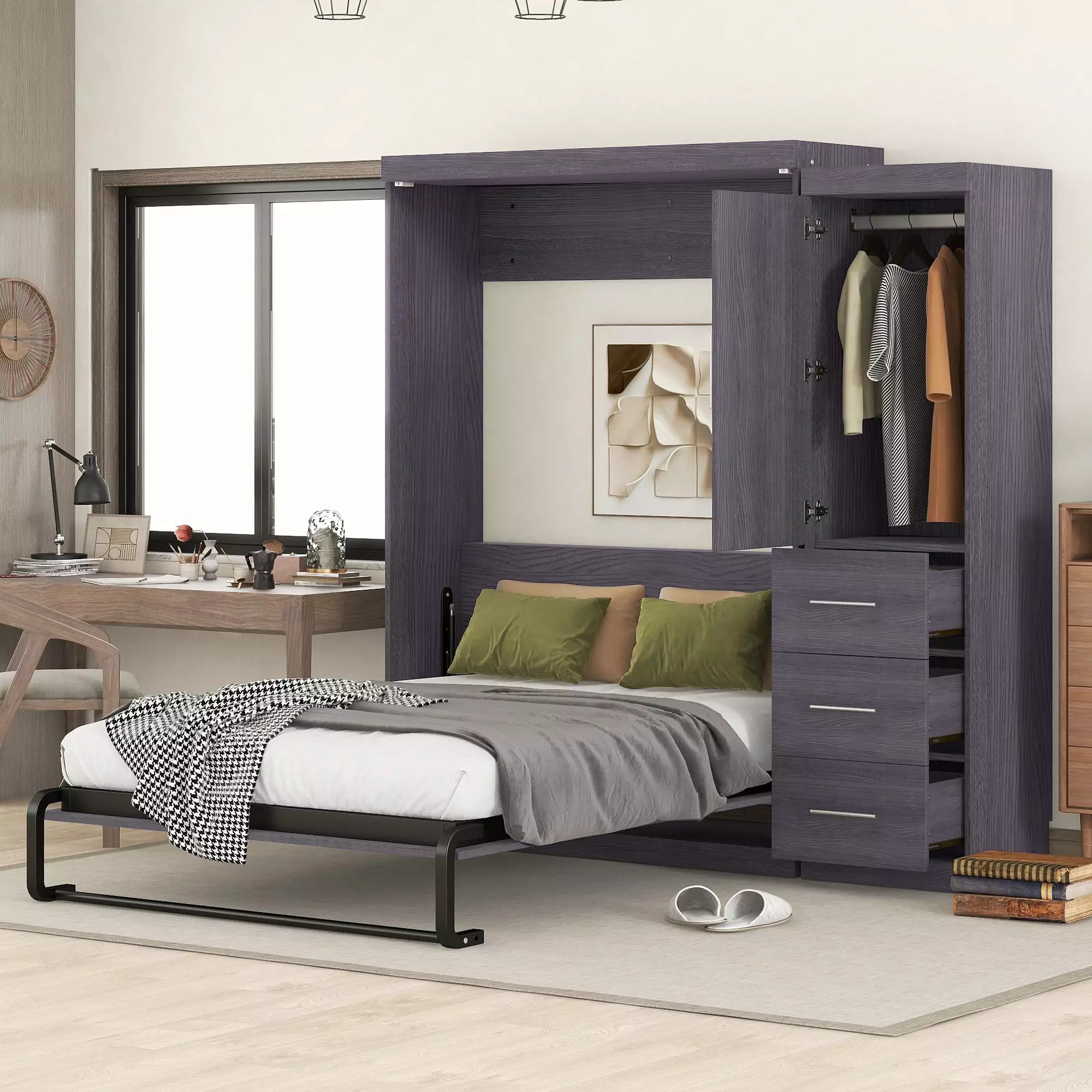 Euroco Full Size Murphy Wall Bed Wardrobe and Drawers Space Saving Gray