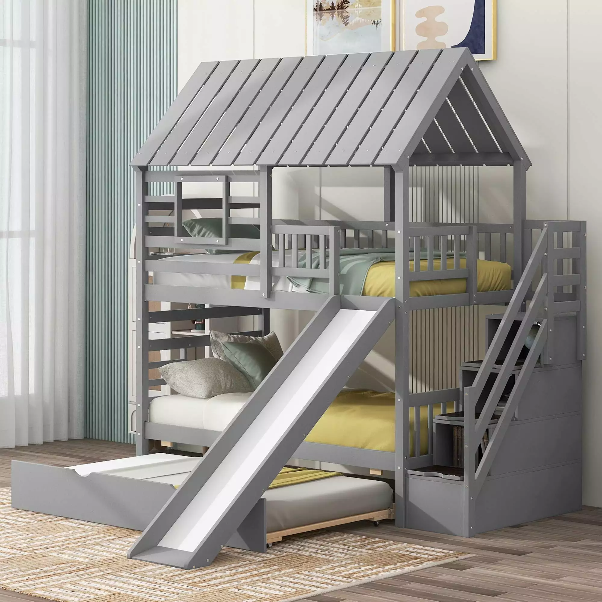 Bellemave Houtilize Twin Over Twin Bunk Bed Trundle Slide and Storage Staircase Gray