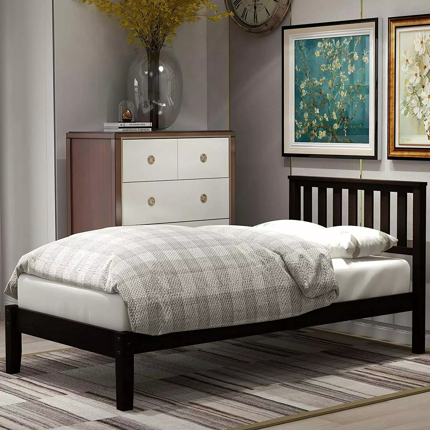 Churanty Wood Platform Bed Headboard Twin Size Wood Slat Support Espresso