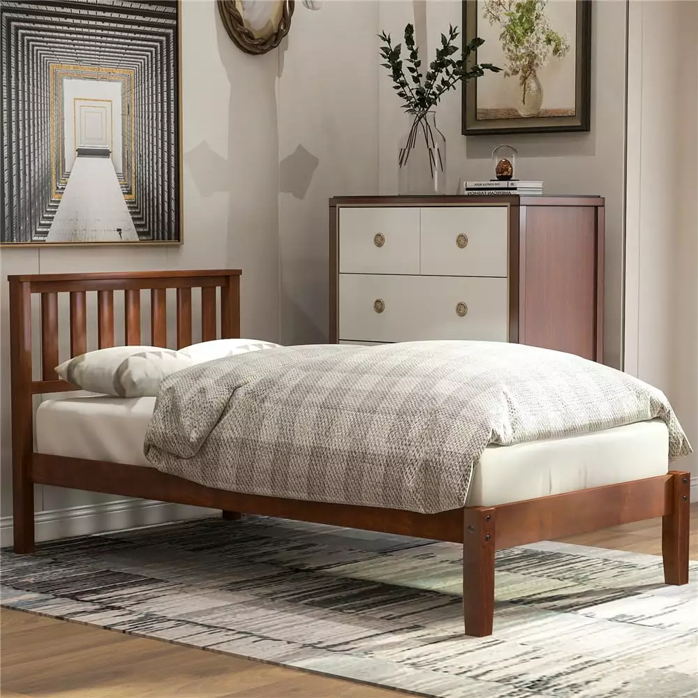 Walnut Twin Bed Frame Wood Twin Platform Bed Headboard Modern Twin Bed Frame Kids Adults Teens No Box Spring Needed Segmart