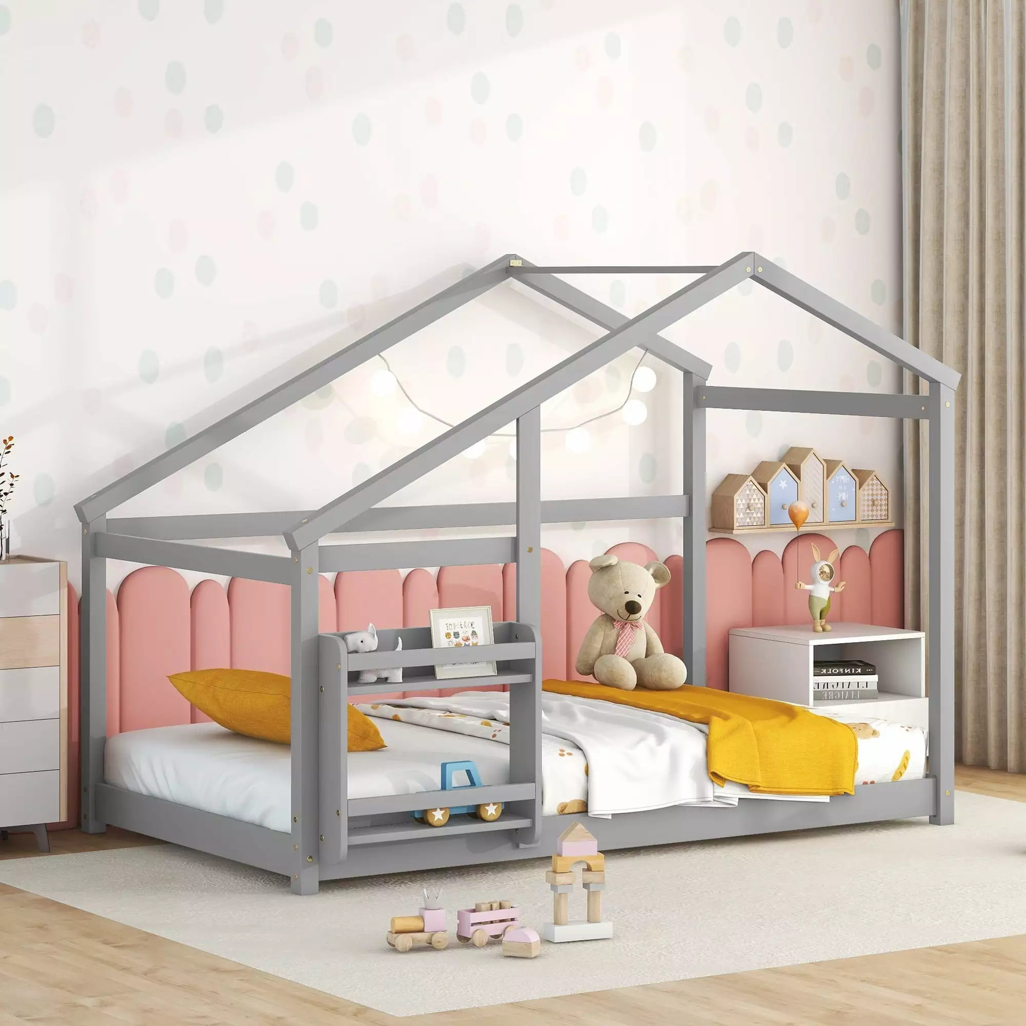 SESSLIFE Twin Platform Bed Frame Houtilize-shaped Headboard Wood Slat Support Gray