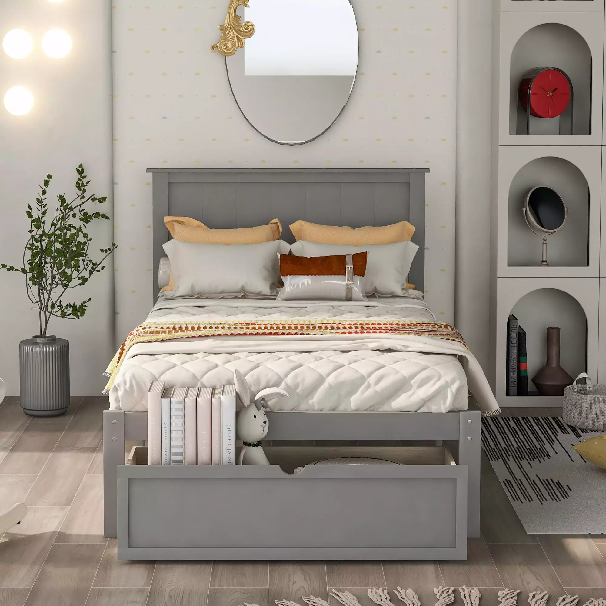 Storage Bed Platform Bed Frame Headboard Wood Twin Bed Frame Kids Adults Drawers Gray uhomepro