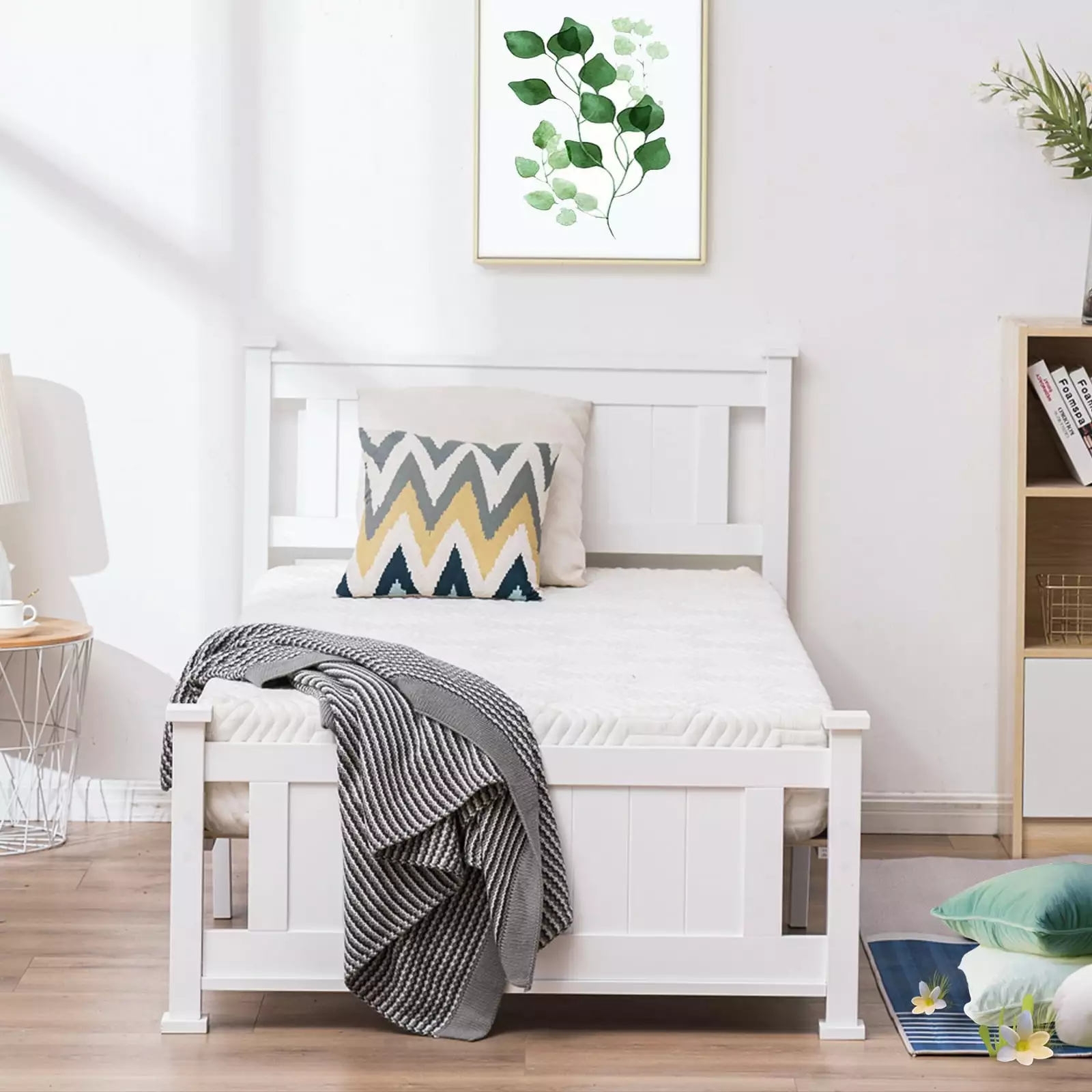 VINGLI White Twin Bed Frame Headboard Modern Wood Single Bed Adults