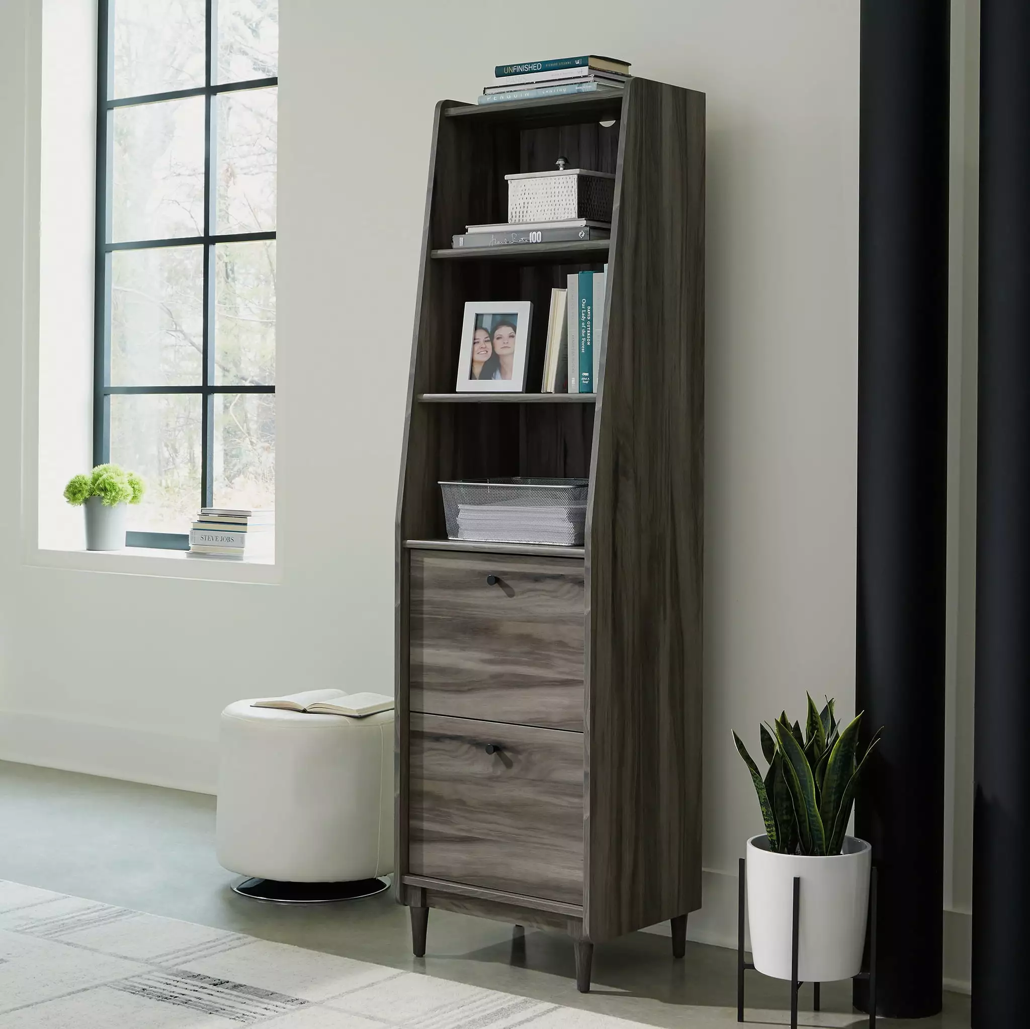 Sauder Harvey Park Modern 3-Shelf Narrow Bookcase Drawers Jet Acacia Finish
