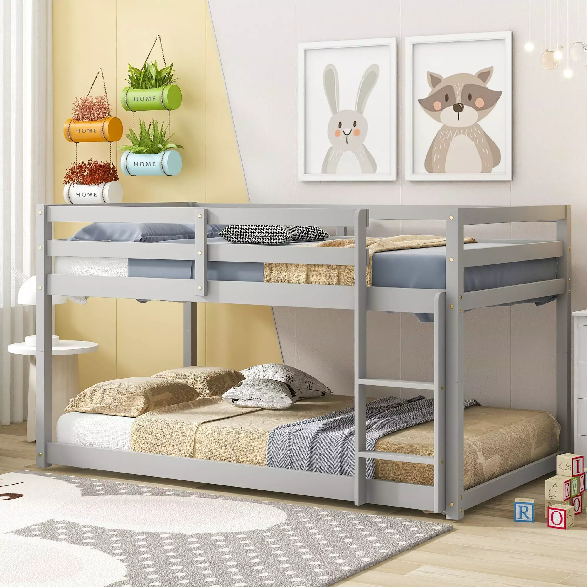 Aukfa Wood Bunk Bed Kids Twin Over Twin Ladder Gray - Space Saving Kids Bed
