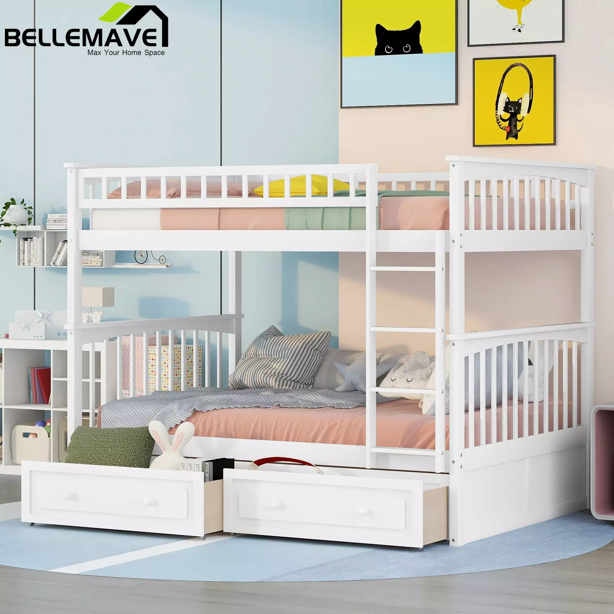 Bellemave Full Over Full Bunk Bed 2 Storage Drawers Wooden Bunk Bed Frame Convertible to 2 Beds White