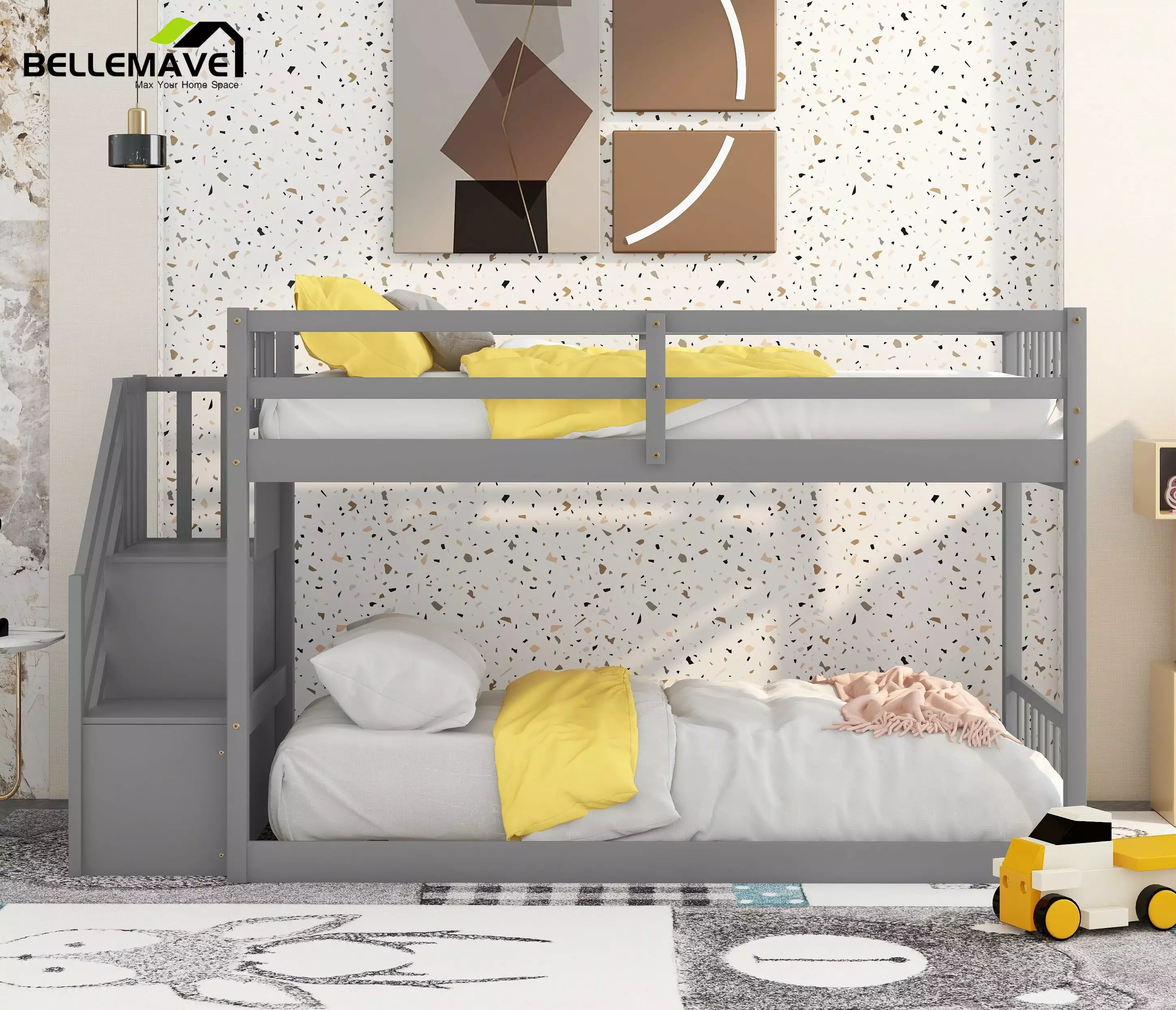 Bellemave Twin Over Twin Bunk Bed Stairs Wood Bunk Bed Frame Storage Guardrail Gray