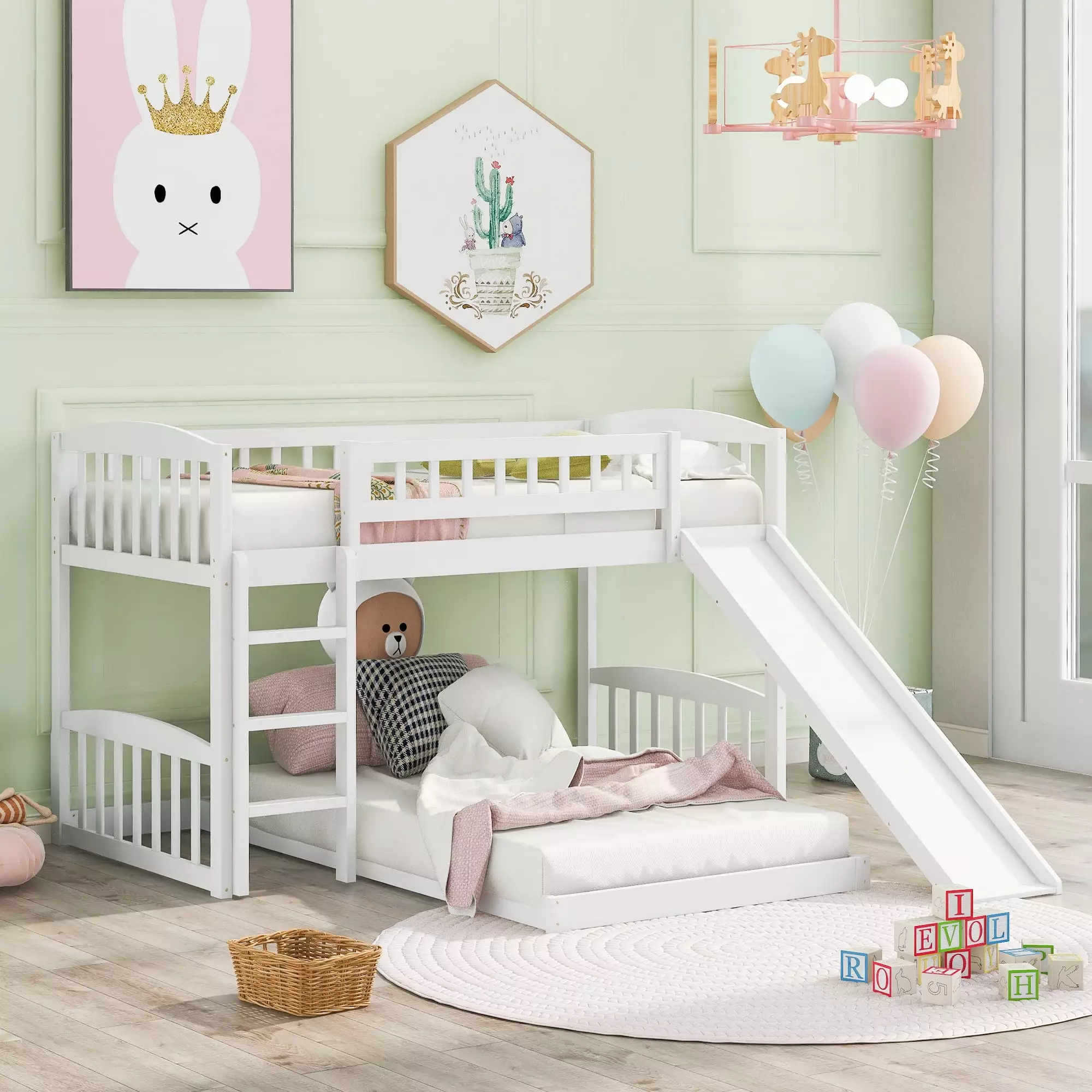 Bellemave Twin Over Twin Wood Floor Bunk Bed Slide Ladder Kids Toddlers Teens Boys Girls White