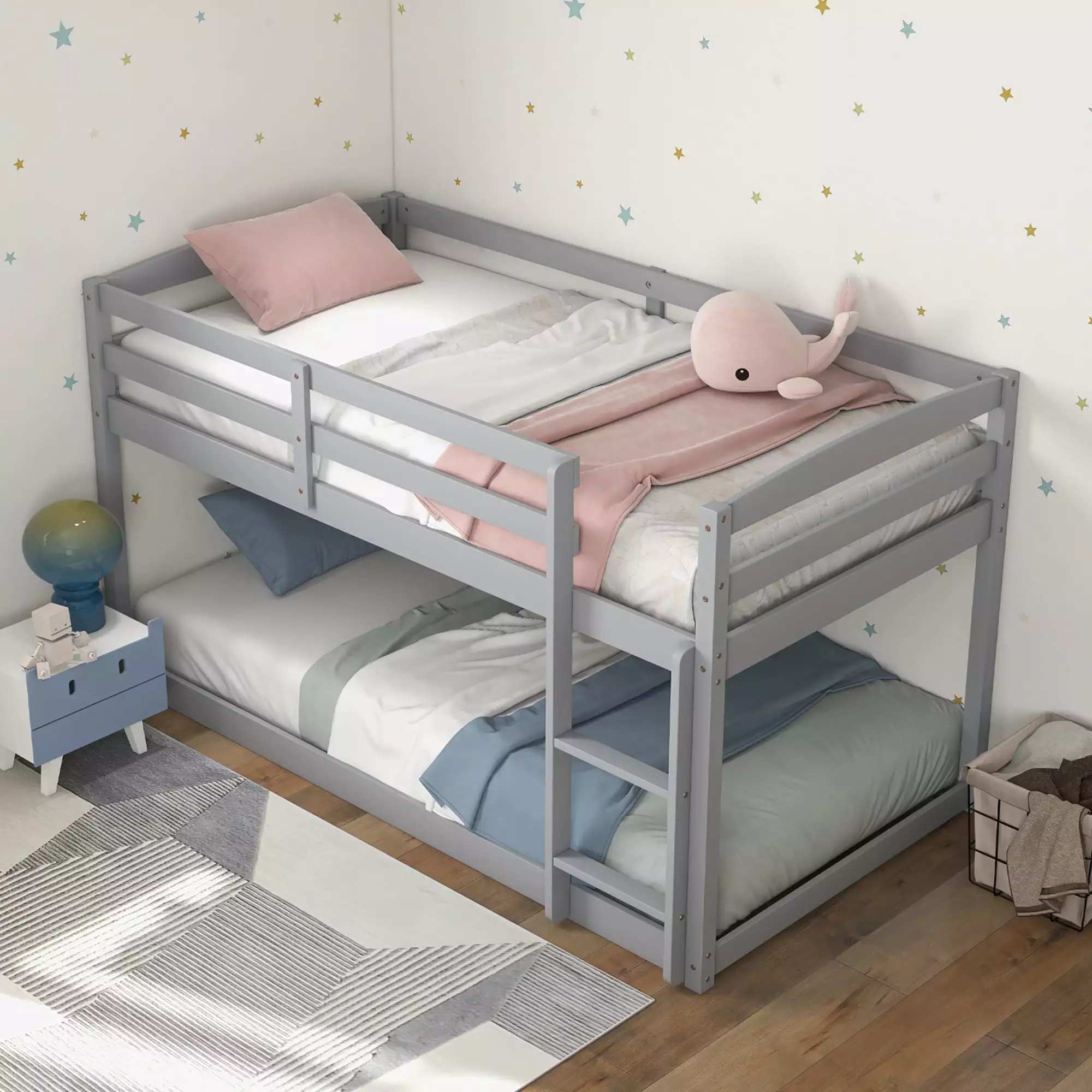 Costway Twin Over Twin Low Bunk Bed Guardrails and Merged Ladder - Kids Wooden Bunk Bed Grey