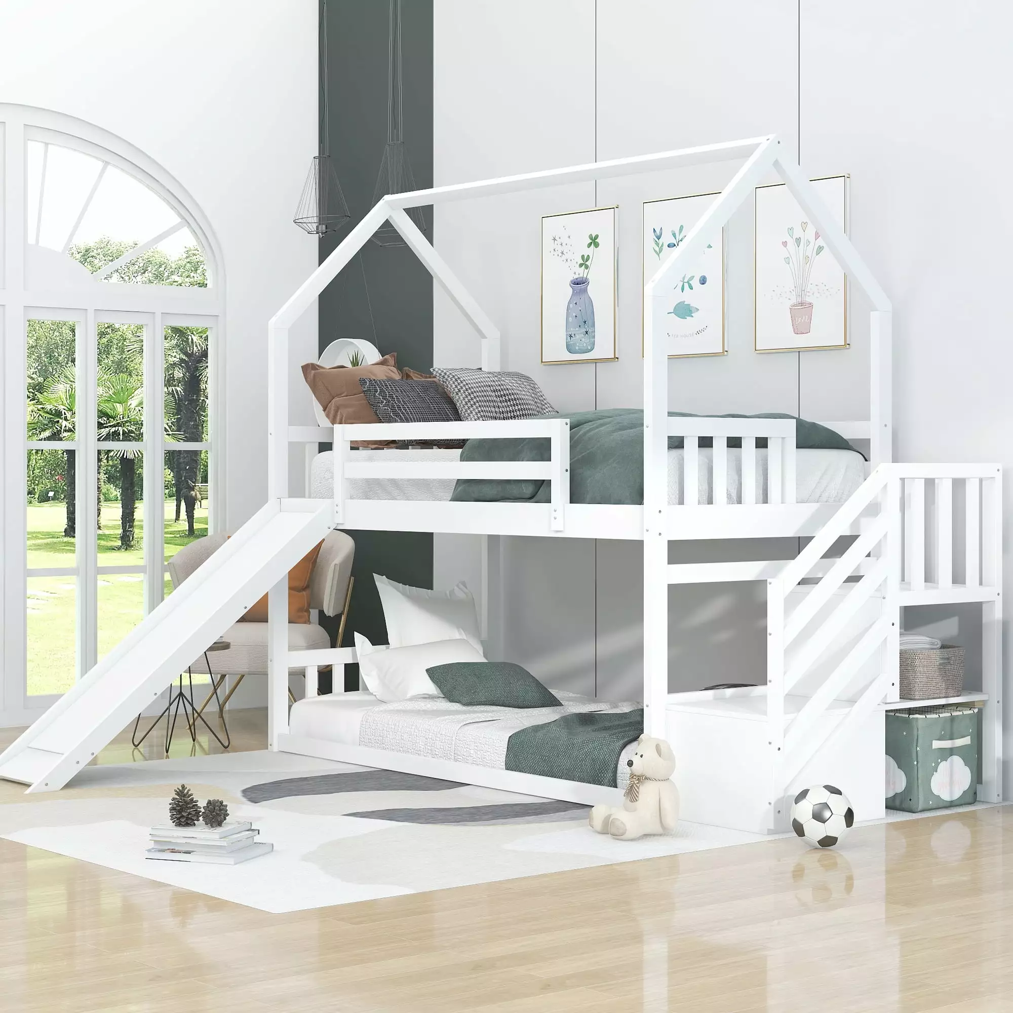 Euroco Twin Over Twin Wood Bunk Bed Slide and Storage Staircase Kids Bedroom White