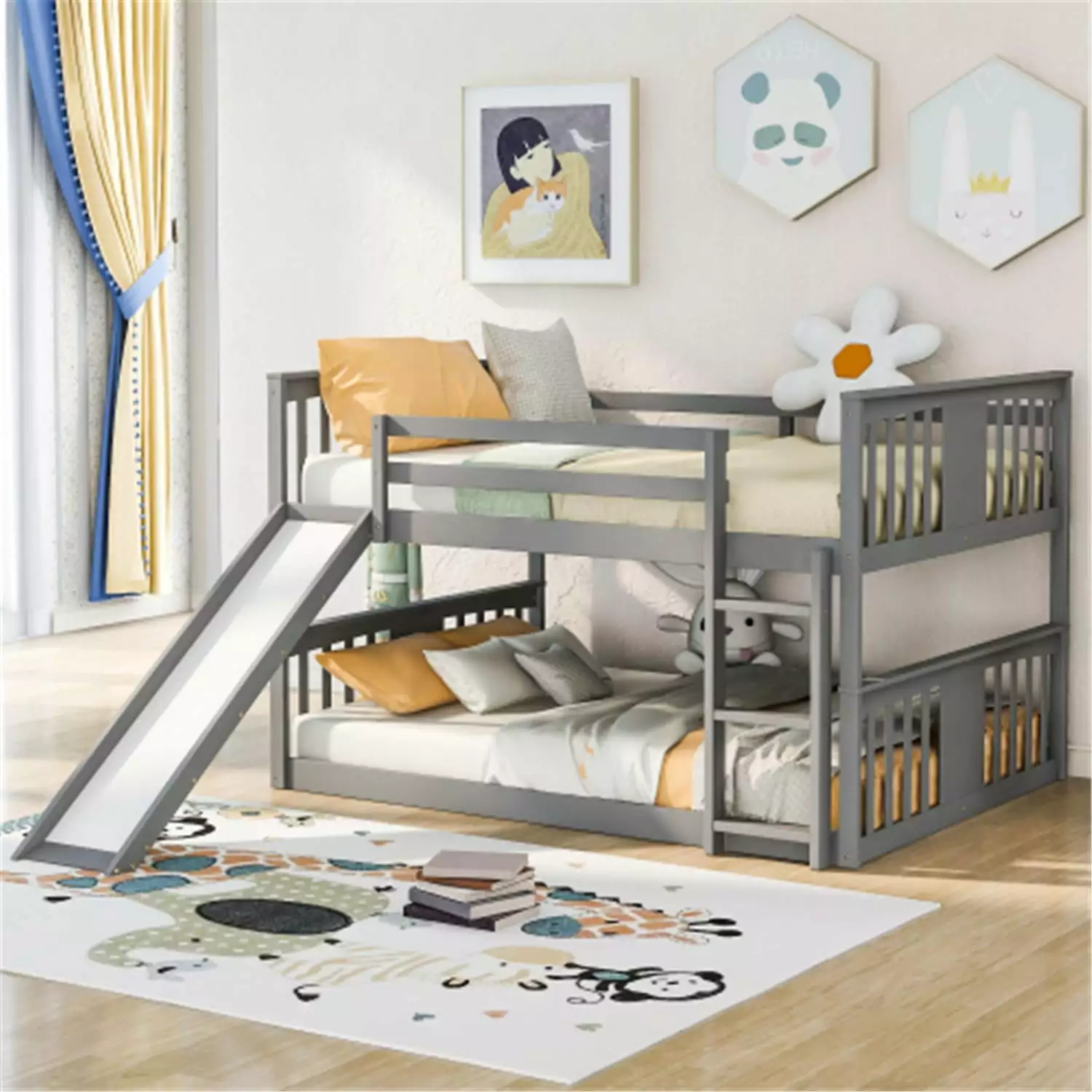 Full over Full Bunk Bed Frame Slide and Built- Ladder Wood Low Bunk Bed Kids Boys and Girls JINS & VICO
