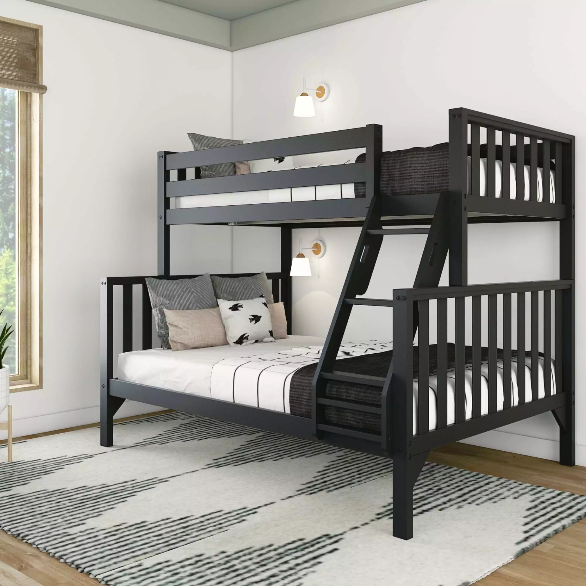 Max & Lily Twin Over Full Solid Wood Scandinavian Bunk Beds Kids Black