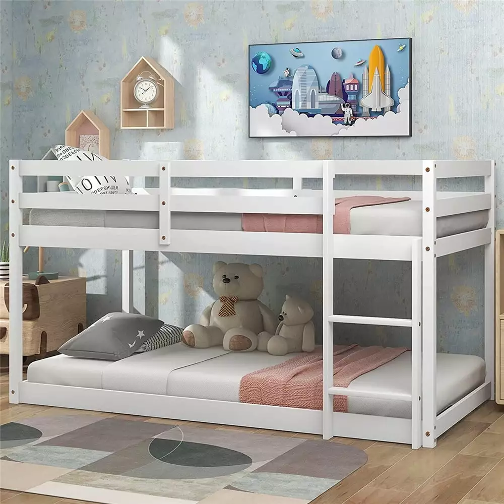 Floor Bunk Beds Kids SEGMART Twin over Twin Bunk Bed Wood Bunk Bed White Twin Bunk Beds Small Rooms Space Saving Small Bun...