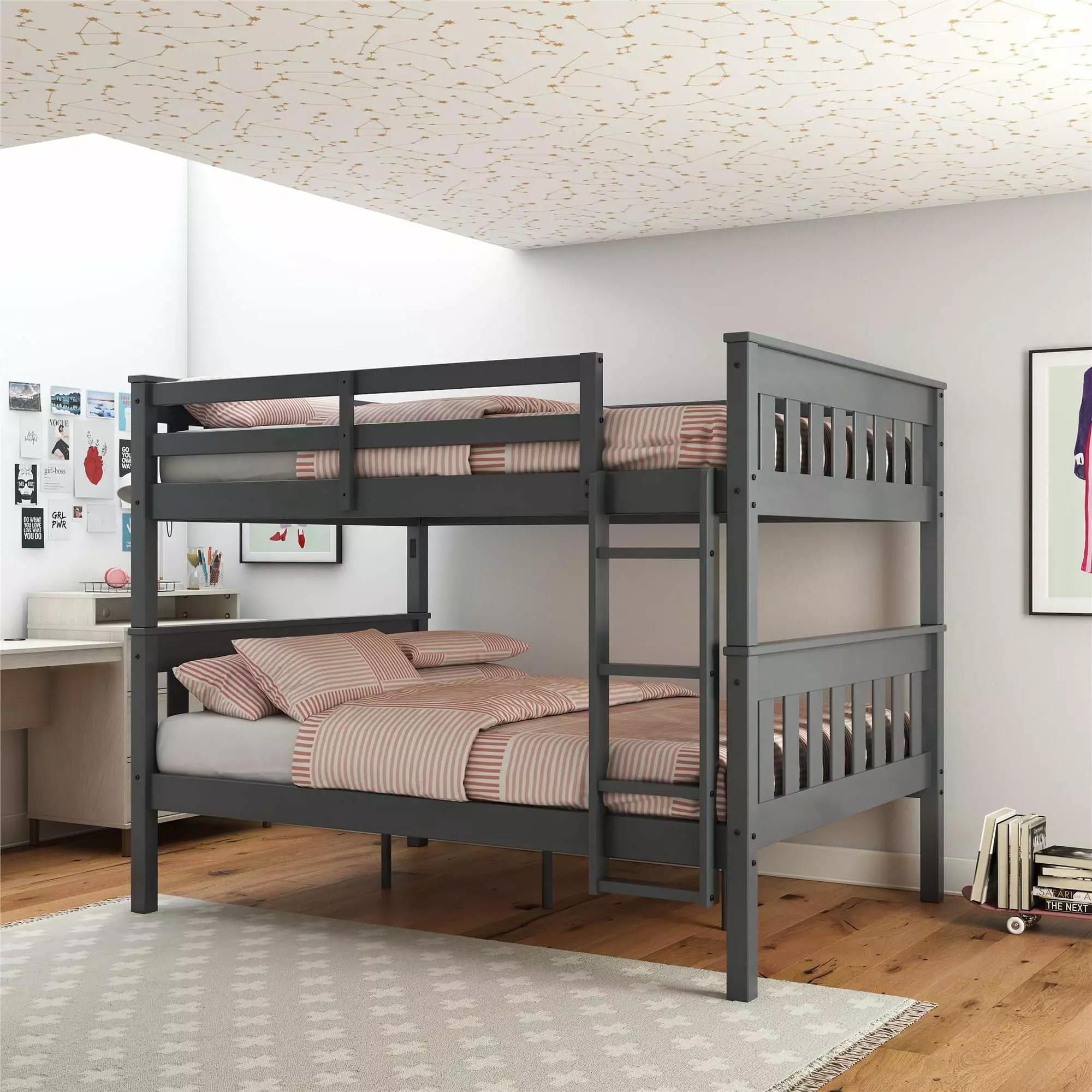 DHP Moon Full Over Full Wood Bunk Bed USB Port Gray Sturdy Kids Bed Frame Teen Novogratz