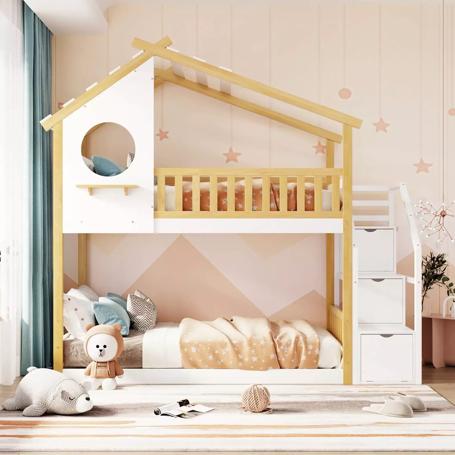 Twin Over Twin Bunk Bed Wooden Houtilize Bed Frame Storage Stairway Shelf Full Length Guard Rails Natural Triple Tree