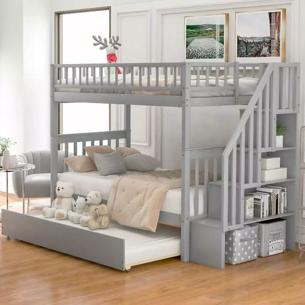 Twin Over Twin Wood Bunk Bed Trundle and Storage Convertible to 2 Twin Beds Kids Adults Space Saving Gray Triple Tree