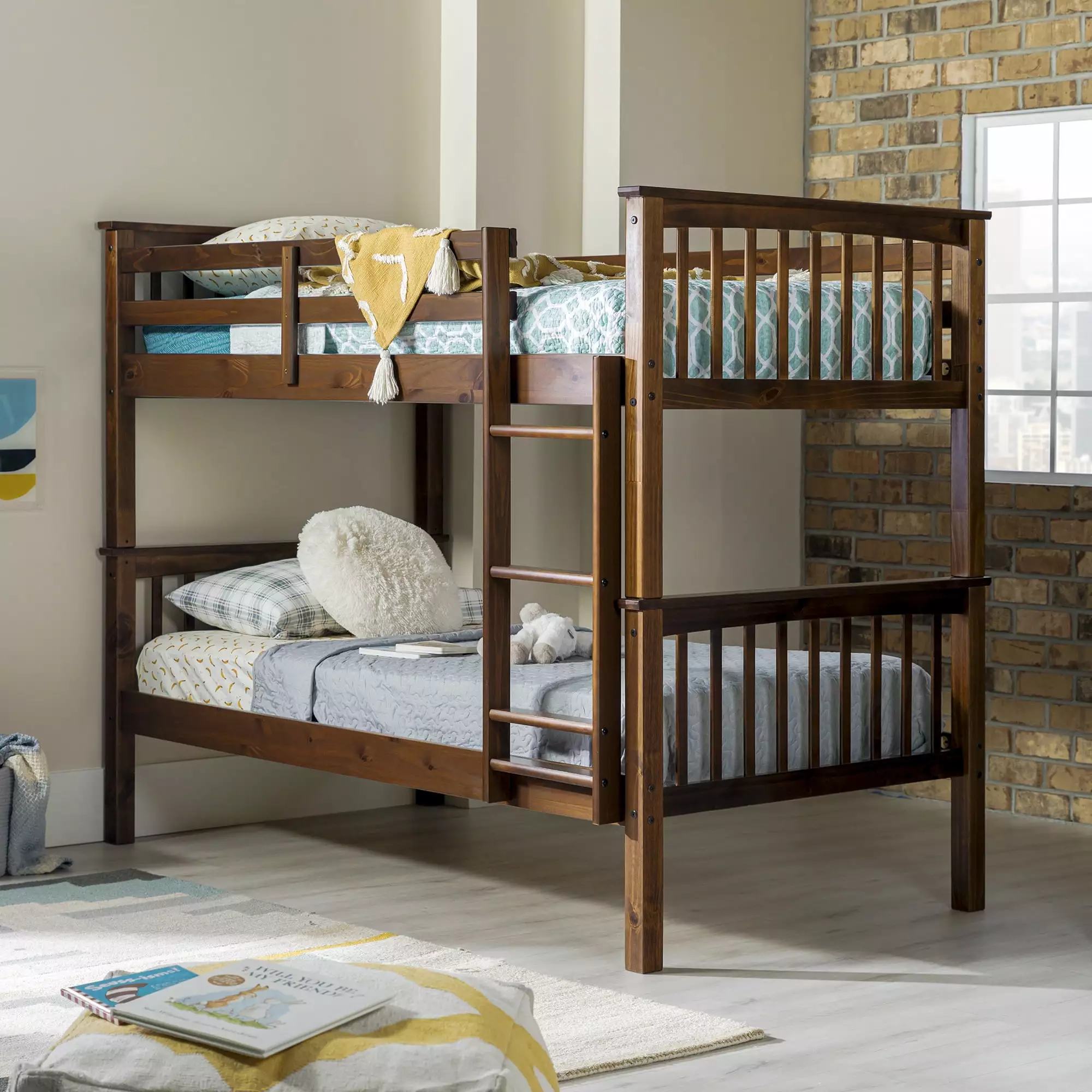 Walker Edison Twin Over Twin Solid Wood Mission Design Bunk Bed Walnut