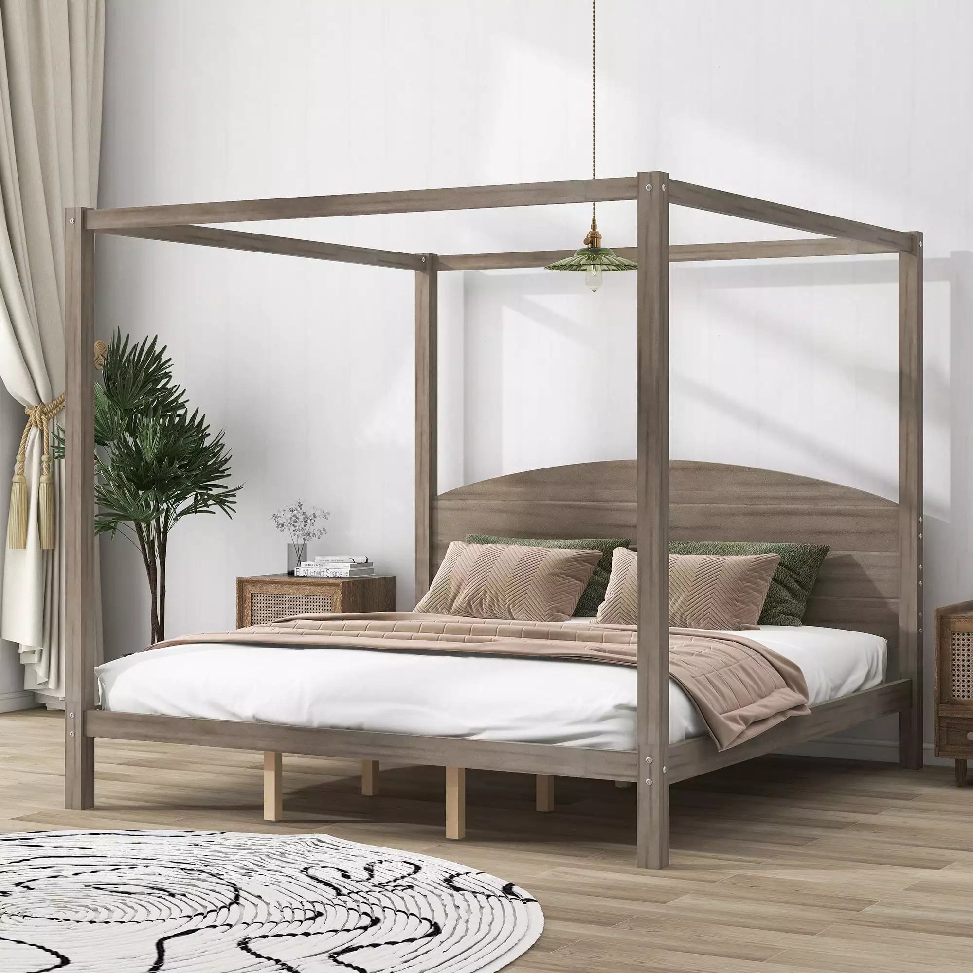 EUROCO Wood King Size Canopy Bed Frame Brown - Solid Wood Platform Bed Kids Teens Adults