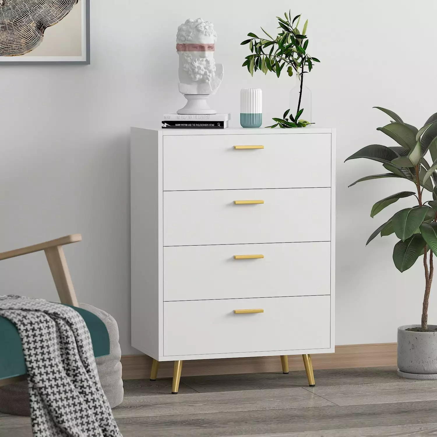 Benton Technology Kerrogee 4-Drawer Dresser Wood Storage Chest Walnut and White