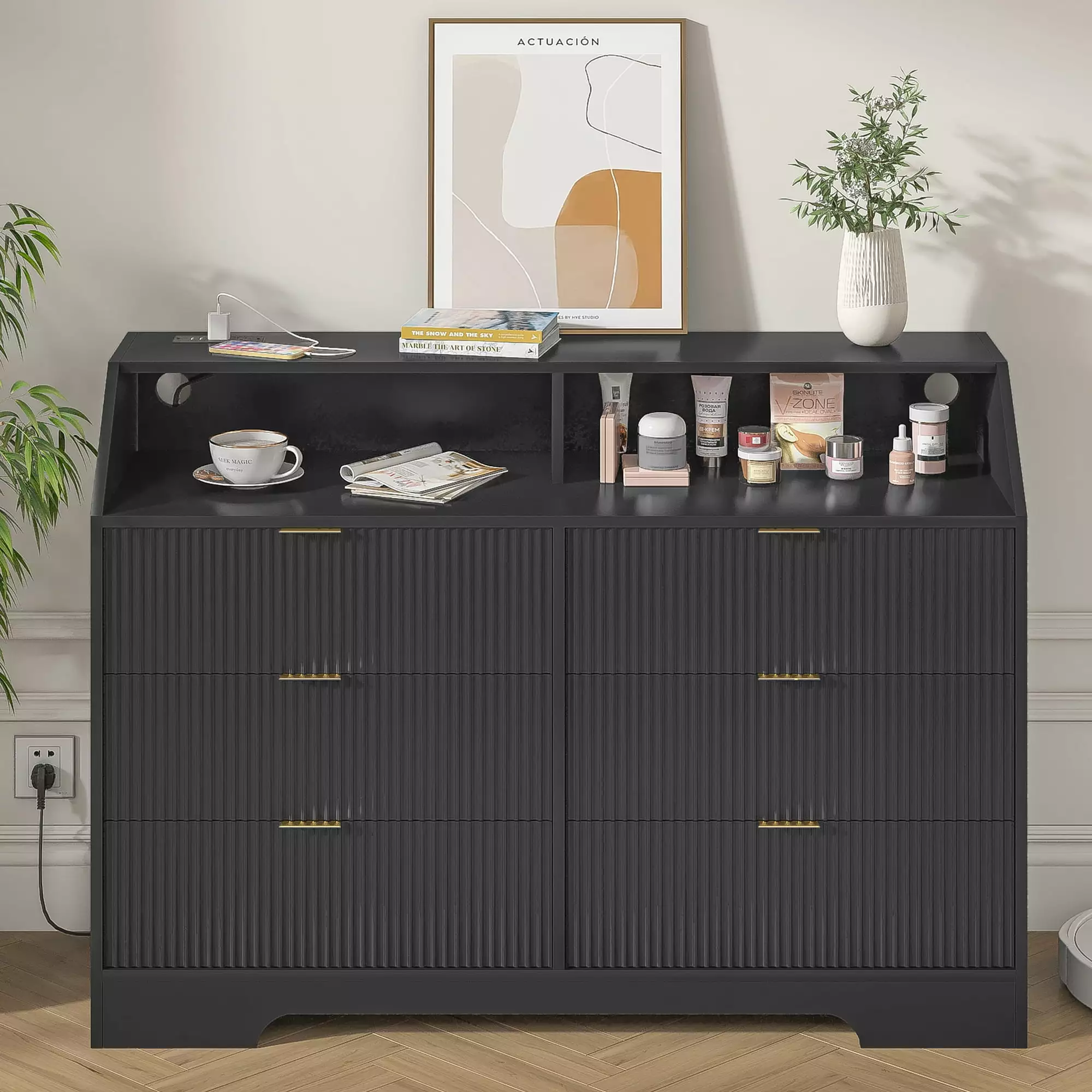 6 Drawer Double Dresser - Modern Wood Chest Drawers Bedroom or Living Room Diubas