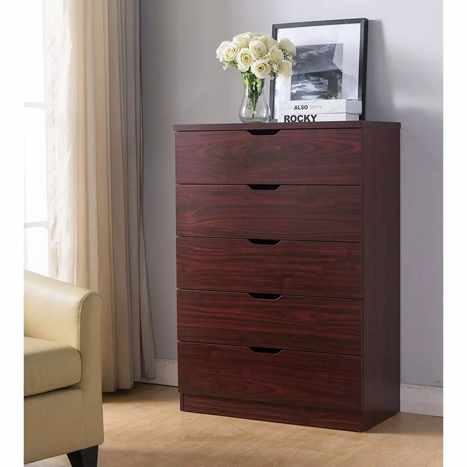 Five Drawer Chest Dresser Mahogany Finish DJ Corp Design