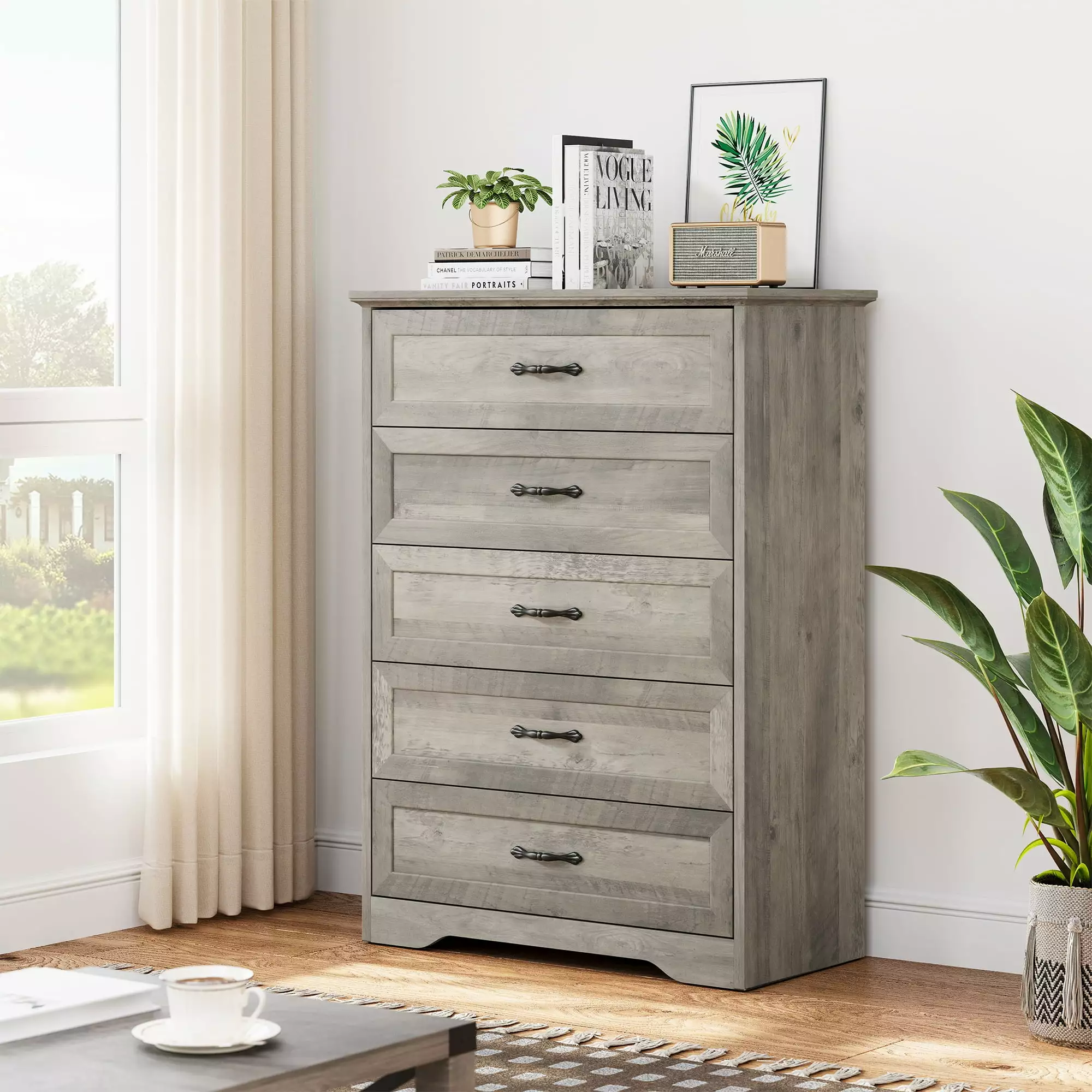 DSstyles Dresser Bedroom 5 Drawers Wood Drawer Dresser Chest Drawers Closet Living Room Hallway Nursery Grey