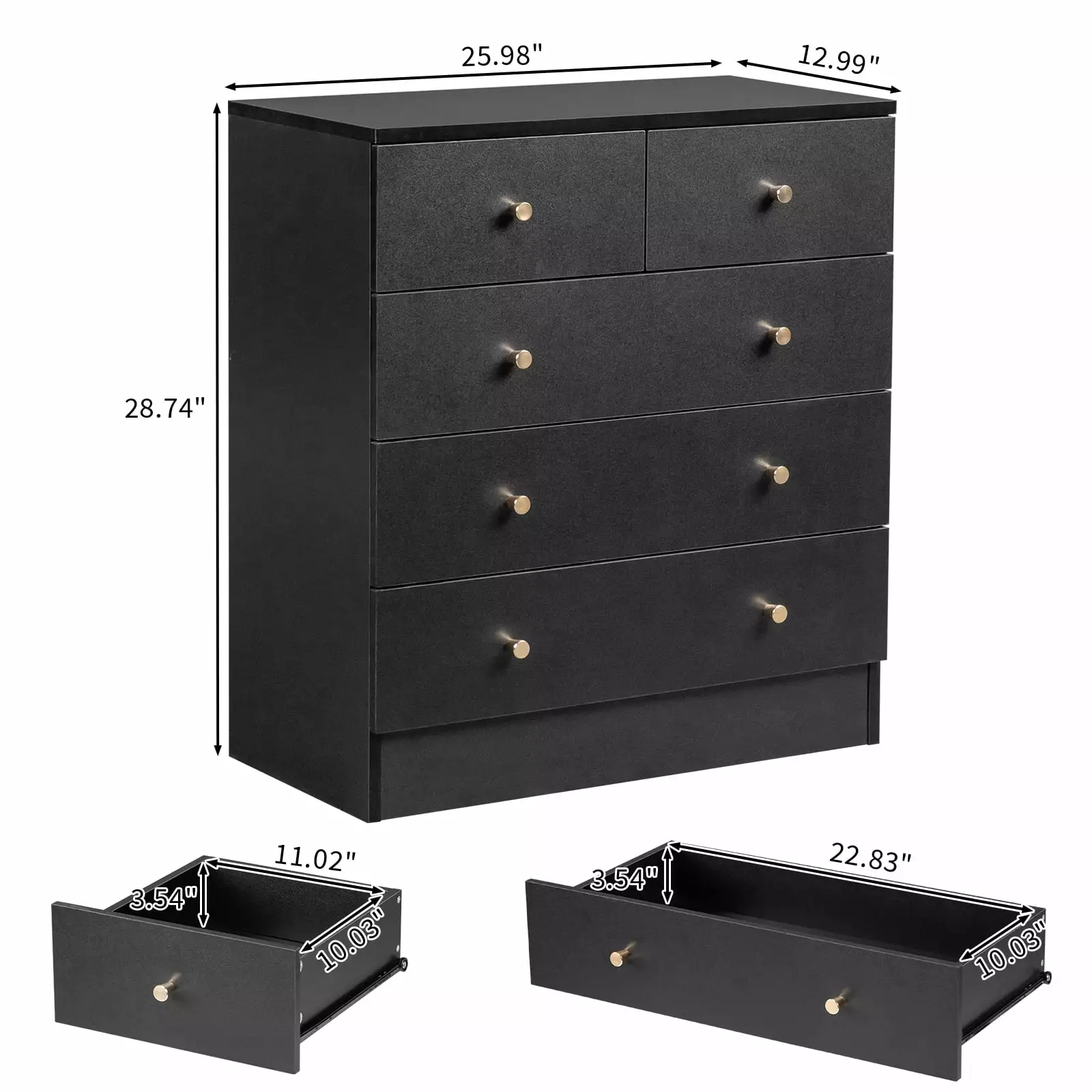 OverPatio 5-Drawer Wooden Dresser Chests Multi-functional Storage Cabinet Bedroom Living Room Hallway Black FCH