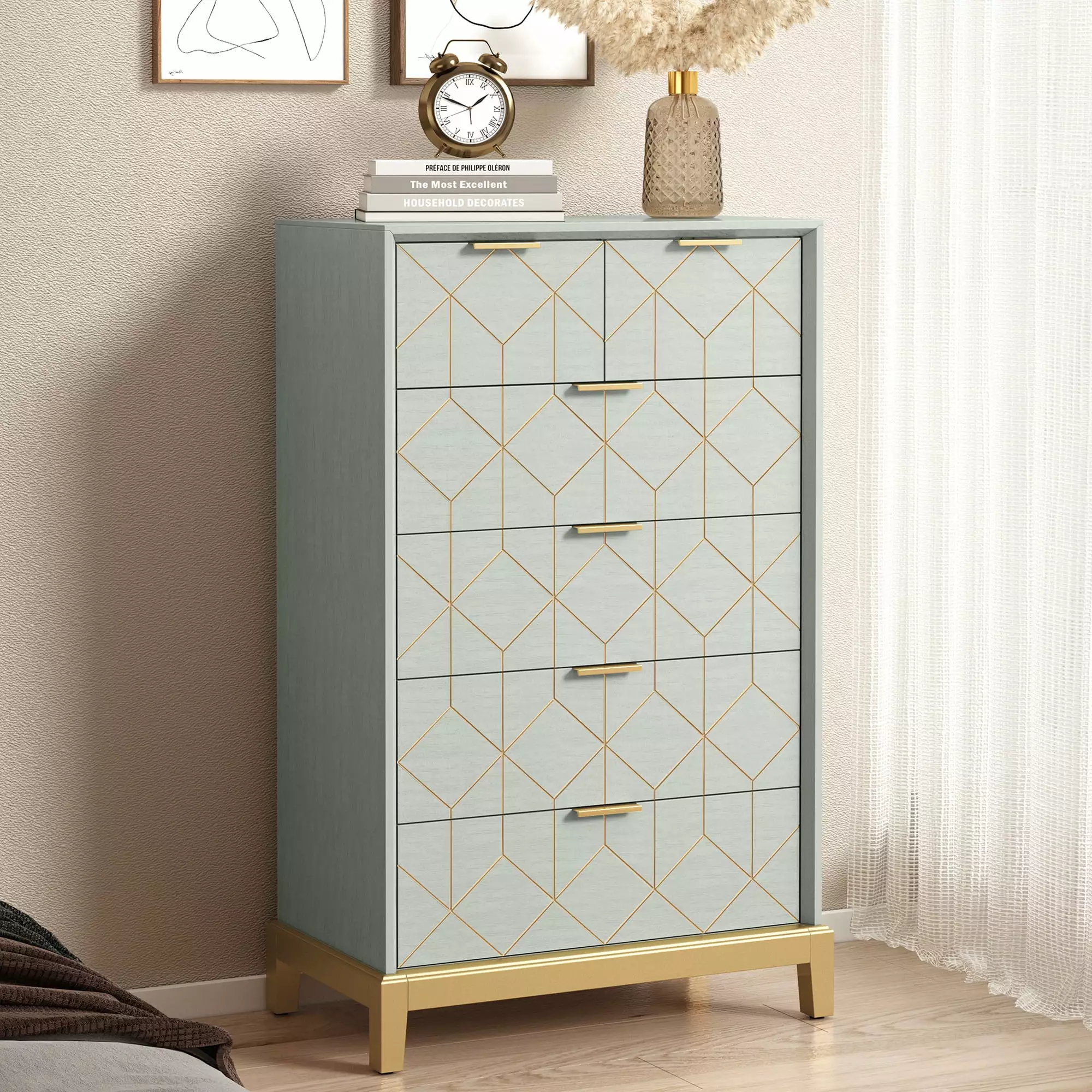HLR 6 Drawer Wood Large Dresser Bedroom All Age Modern Chest Drawers Gold Trim Green