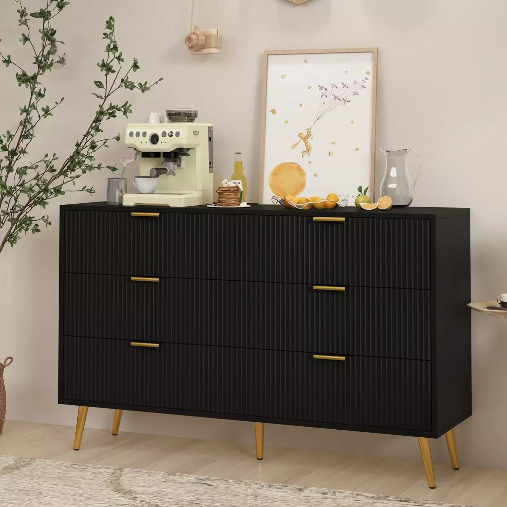 KUOESYN Wooden Chest Drawers 6 Drawer Dresser Modern Storage Cabinet Black