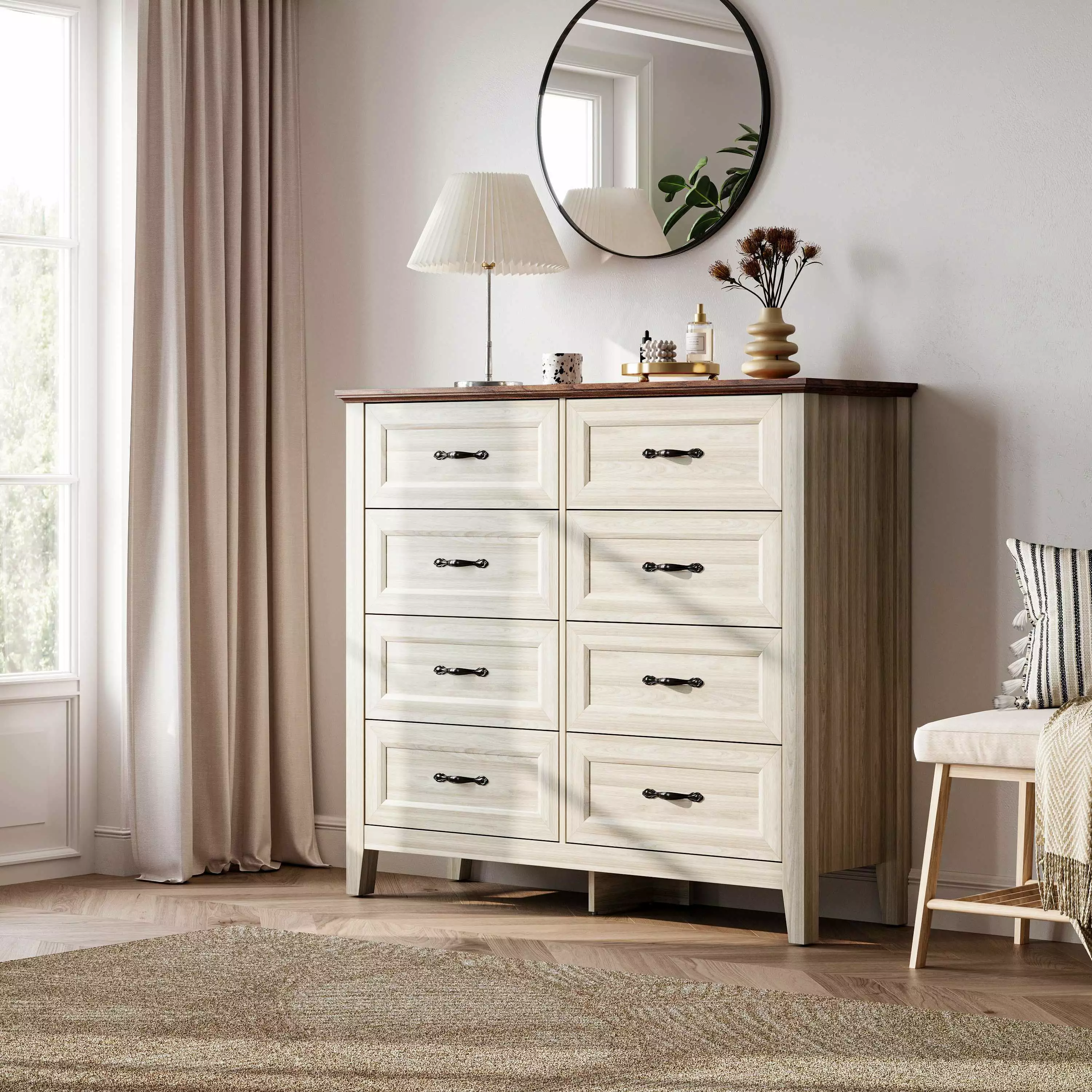 Linsy Home 8 Drawer Rustic Oak Double Dresser - Wood Storage Cabinet Bedroom
