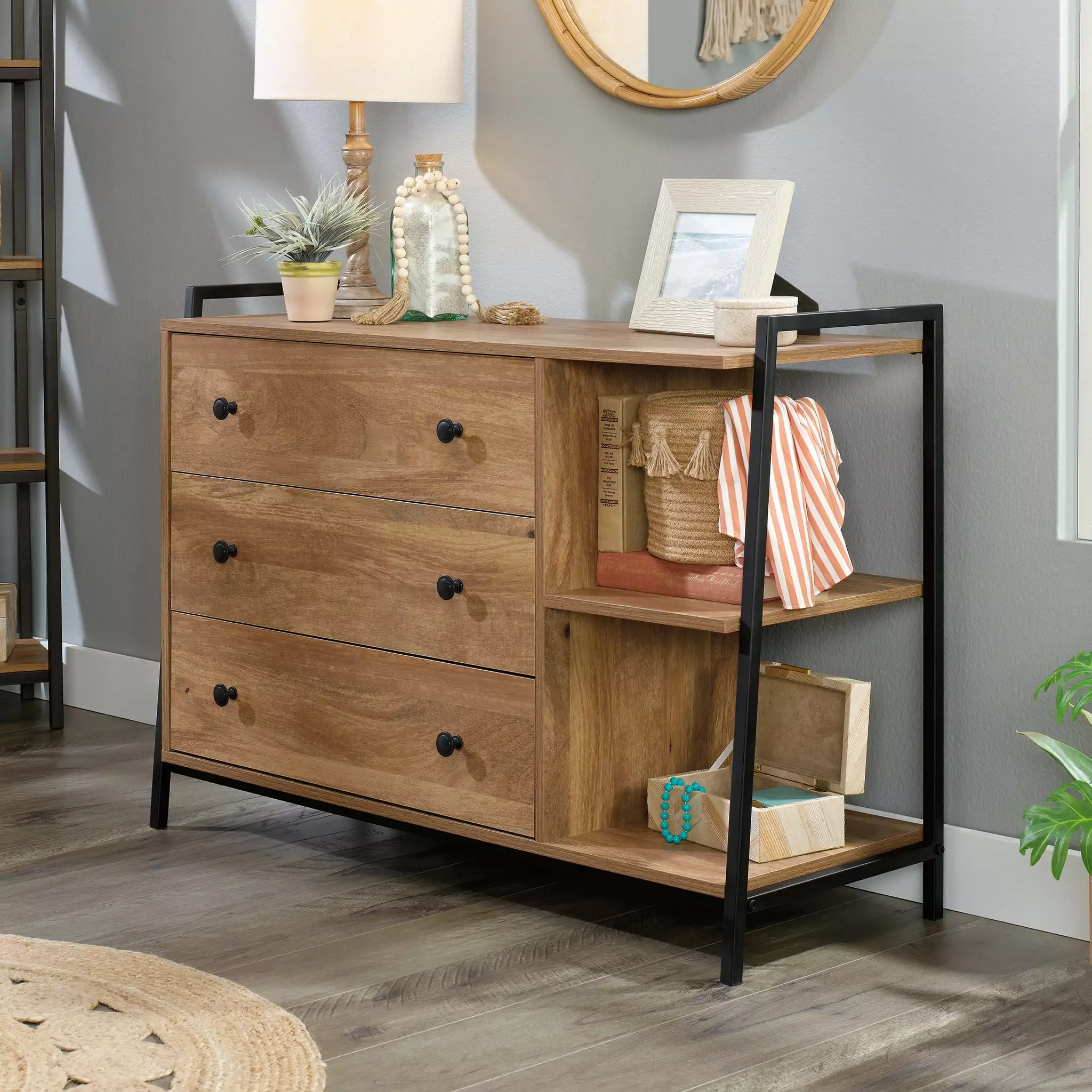 Sauder North Avenue 3-Drawer Dresser Open Shelves Sindoori Mango Finish